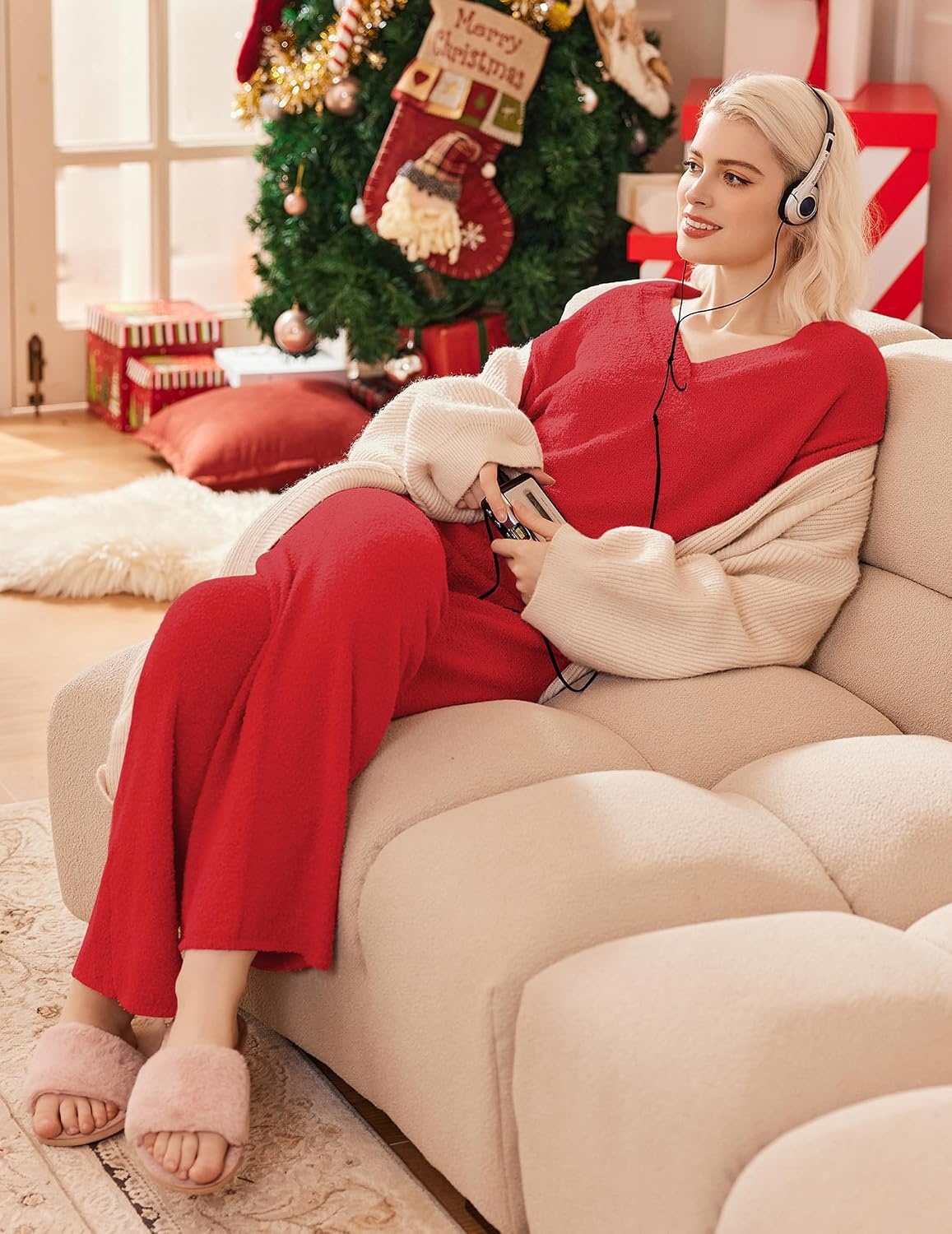 image:imageEkouaer Pajamas for Women 2 Piece Lounge Set Fuzzy Fleece Long Sleeve PjsRed