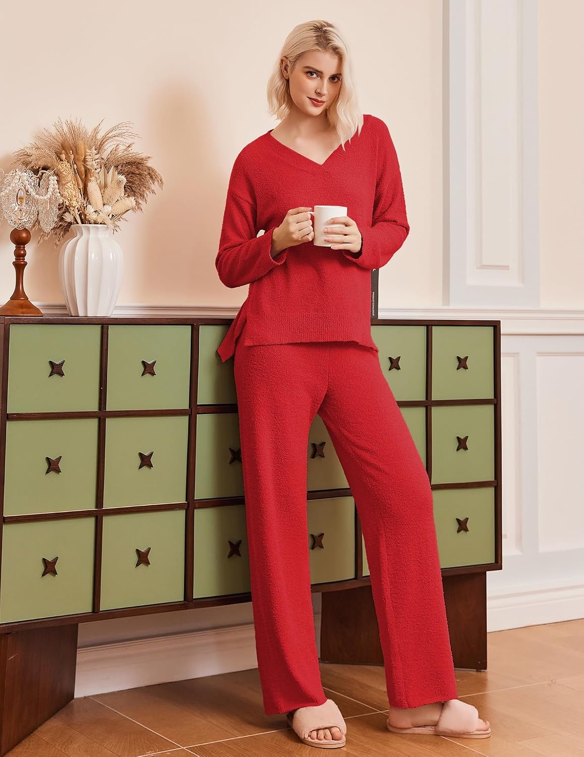 image:imageEkouaer Pajamas for Women 2 Piece Lounge Set Fuzzy Fleece Long Sleeve PjsRed