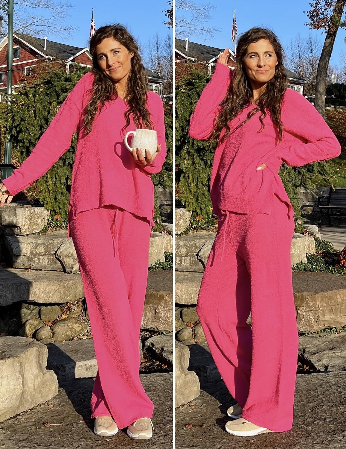 image:imageEkouaer Pajamas for Women 2 Piece Lounge Set Fuzzy Fleece Long Sleeve PjsRose