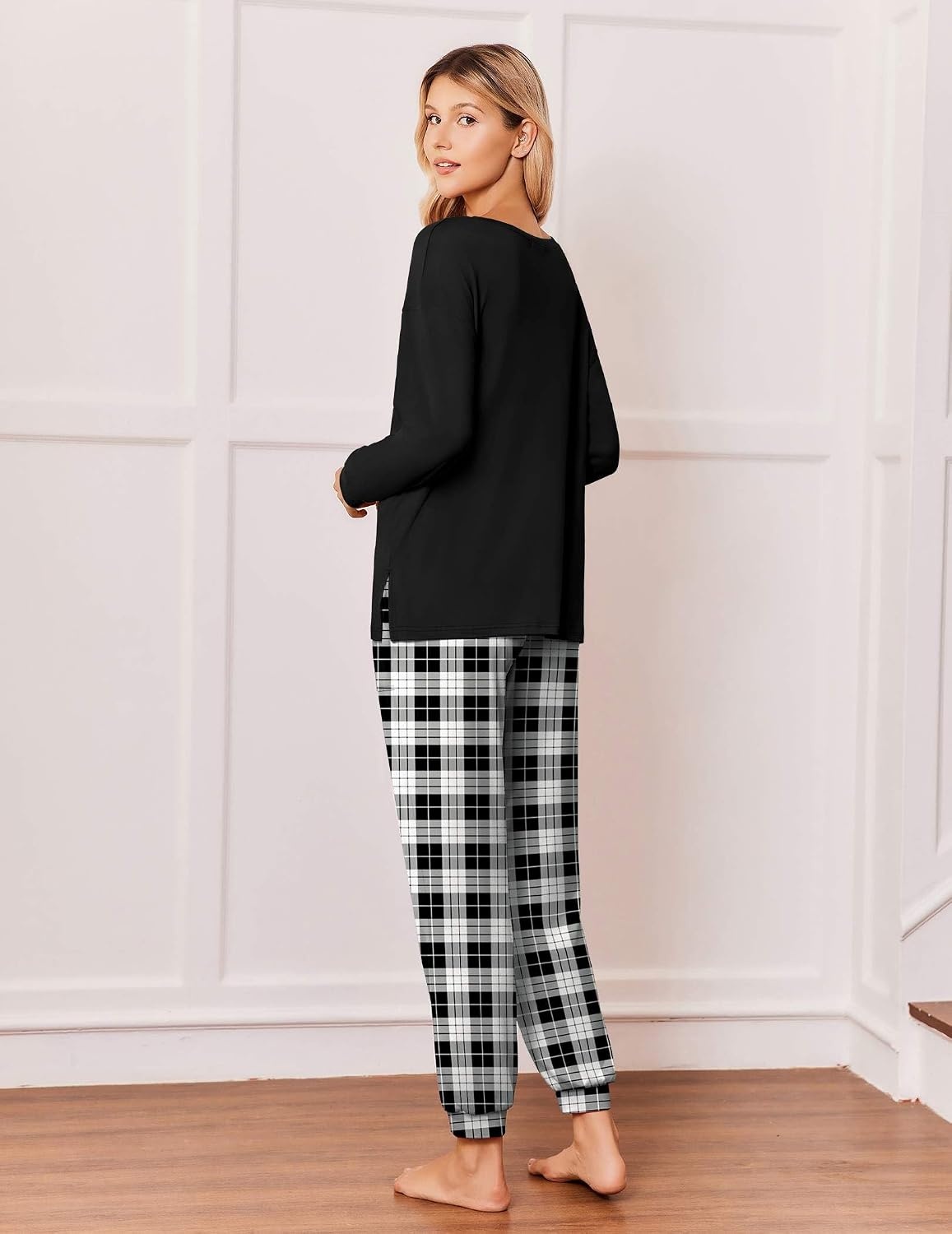 image:imageEkouaer Pajamas for Women Set 2 Piece Long Sleeve Pjs Casual Lounge SetsBlack Plaid