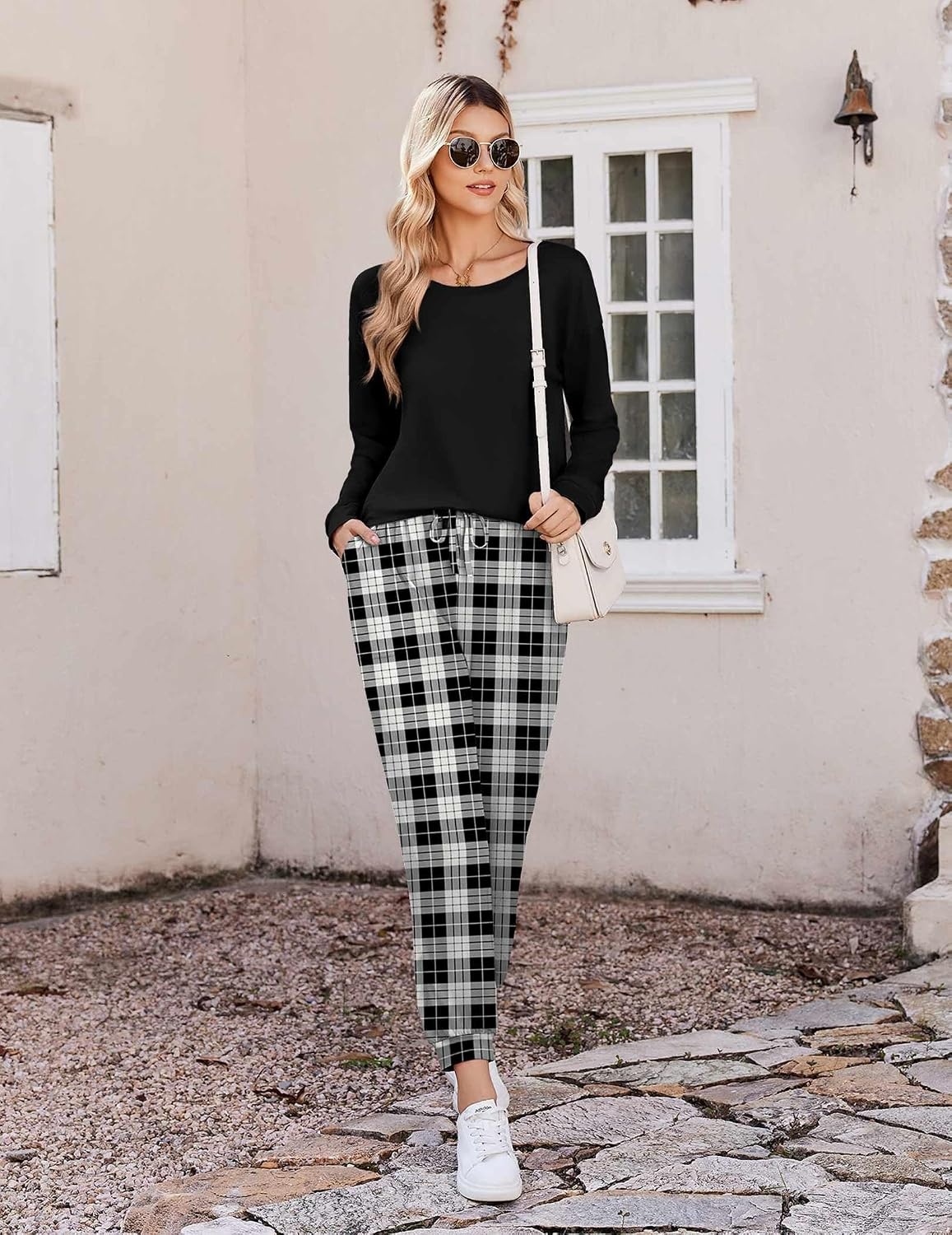 image:imageEkouaer Pajamas for Women Set 2 Piece Long Sleeve Pjs Casual Lounge SetsBlack Plaid