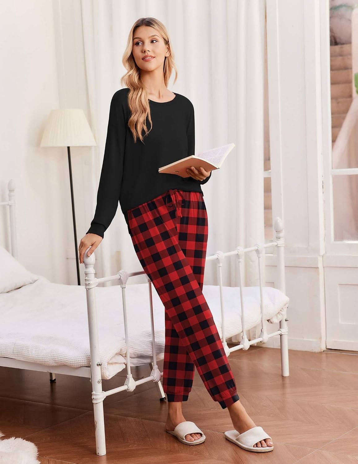 image:imageEkouaer Pajamas for Women Set 2 Piece Long Sleeve Pjs Casual Lounge SetsBlack Red Plaid