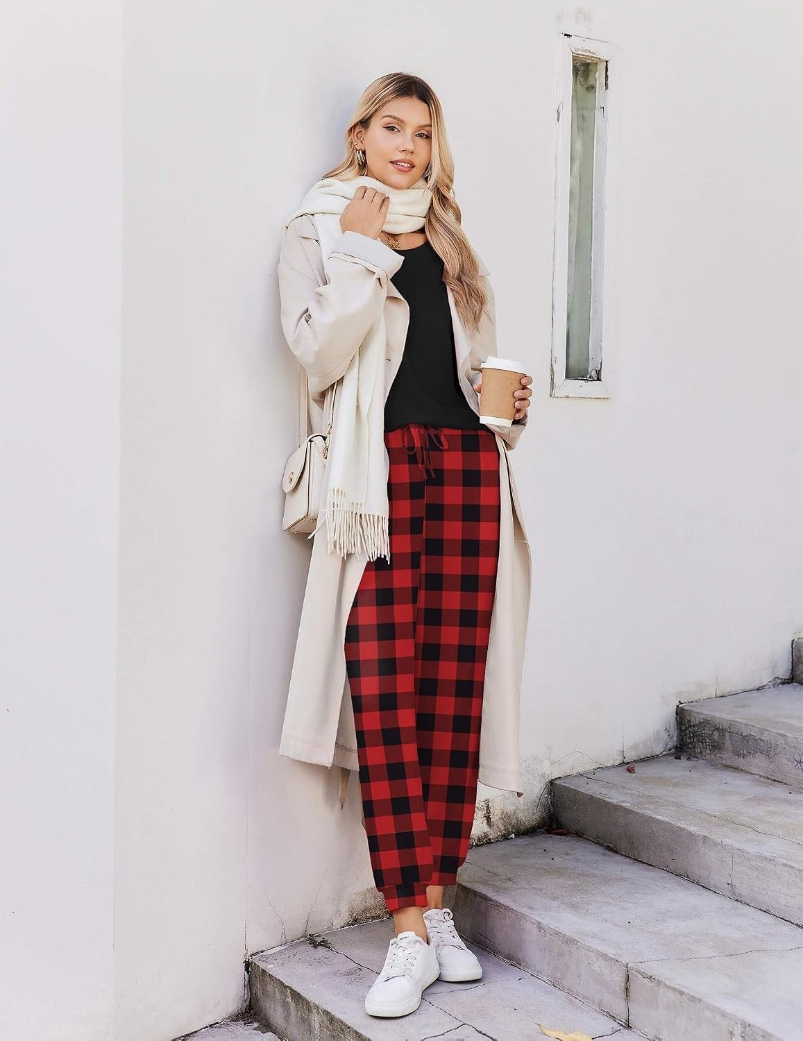 image:imageEkouaer Pajamas for Women Set 2 Piece Long Sleeve Pjs Casual Lounge SetsBlack Red Plaid