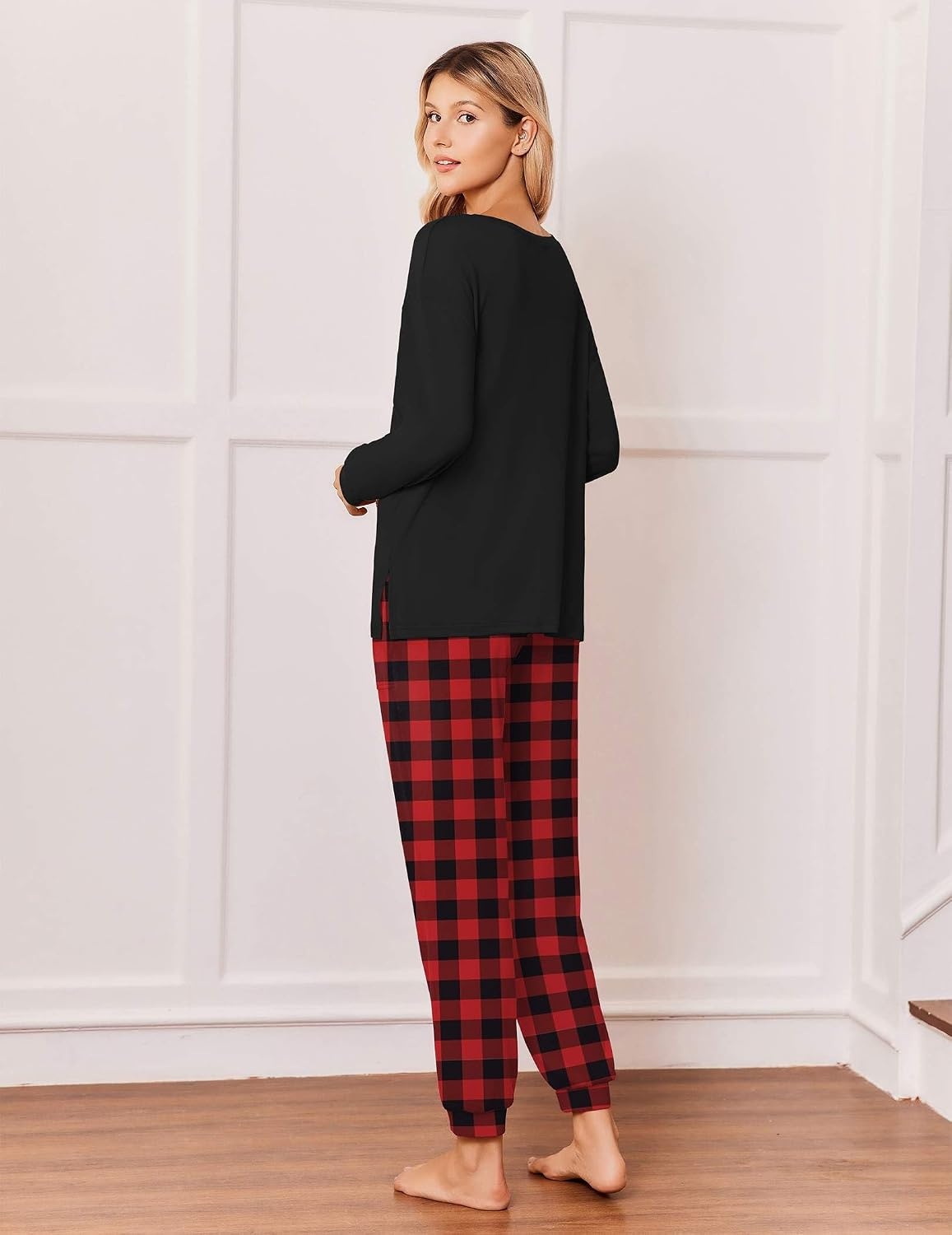 image:imageEkouaer Pajamas for Women Set 2 Piece Long Sleeve Pjs Casual Lounge SetsBlack Red Plaid