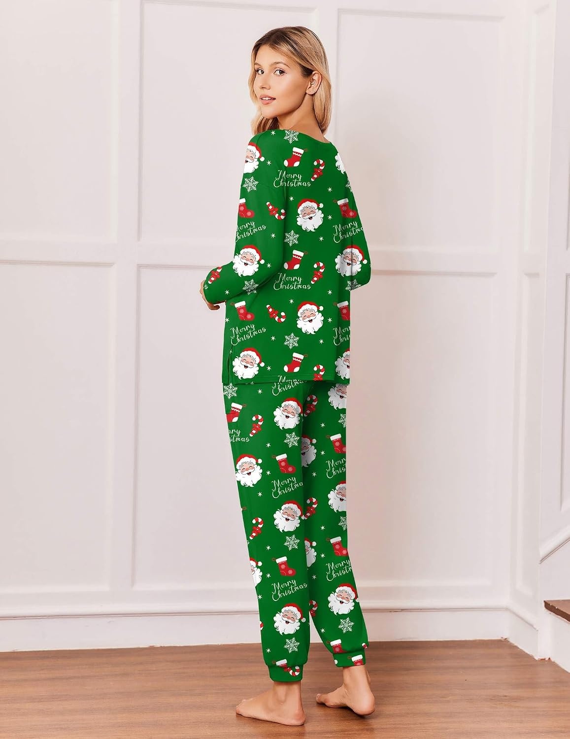 image:imageEkouaer Pajamas for Women Set 2 Piece Long Sleeve Pjs Casual Lounge SetsChristmas Green Santa Claus