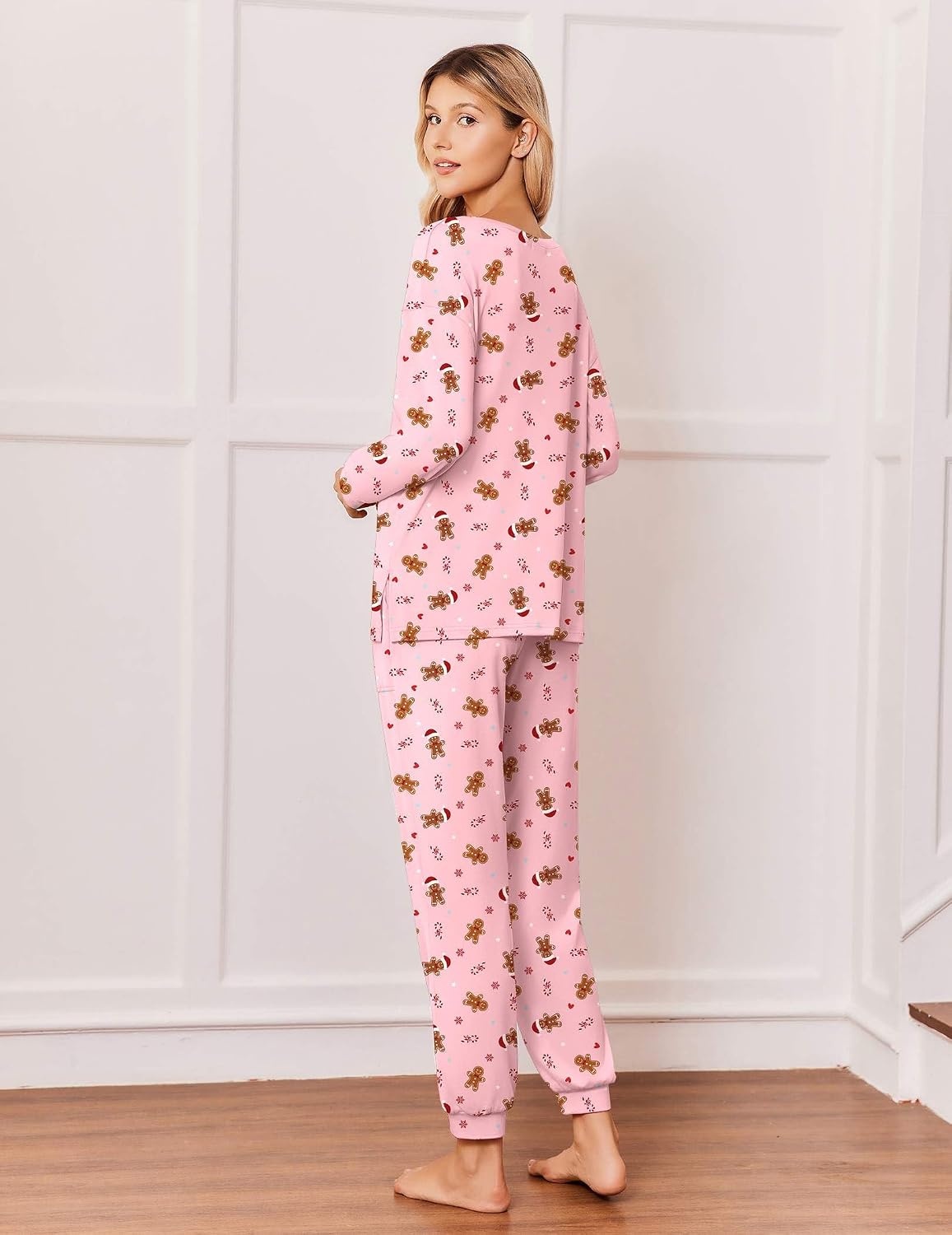 image:imageEkouaer Pajamas for Women Set 2 Piece Long Sleeve Pjs Casual Lounge SetsChristmas Pink Gingerbread Man