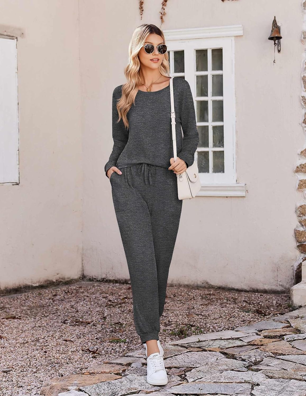 image:imageEkouaer Pajamas for Women Set 2 Piece Long Sleeve Pjs Casual Lounge SetsDark Grey
