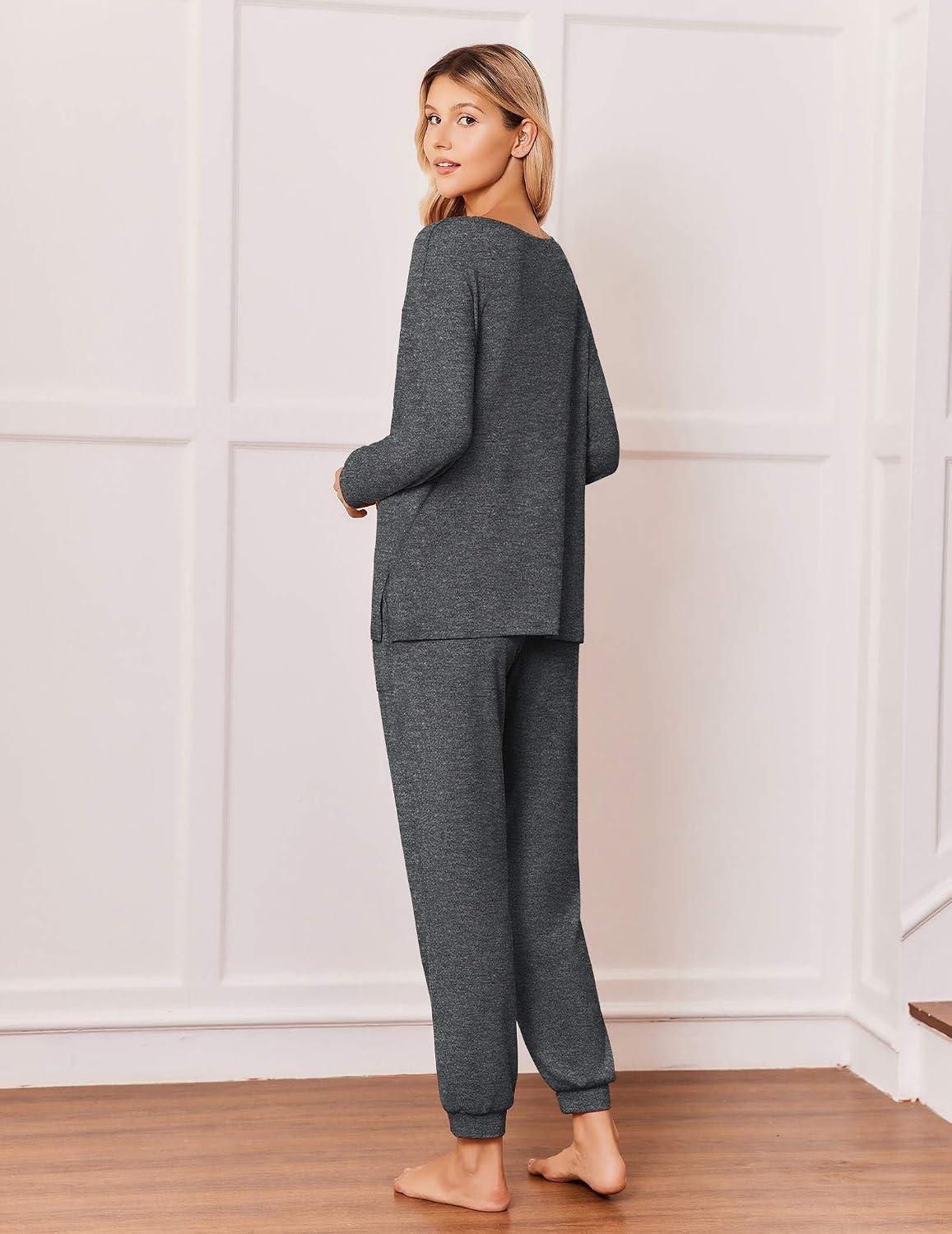 image:imageEkouaer Pajamas for Women Set 2 Piece Long Sleeve Pjs Casual Lounge SetsDark Grey