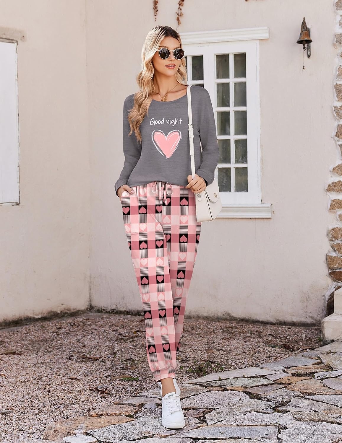 image:imageEkouaer Pajamas for Women Set 2 Piece Long Sleeve Pjs Casual Lounge SetsDheart Gray