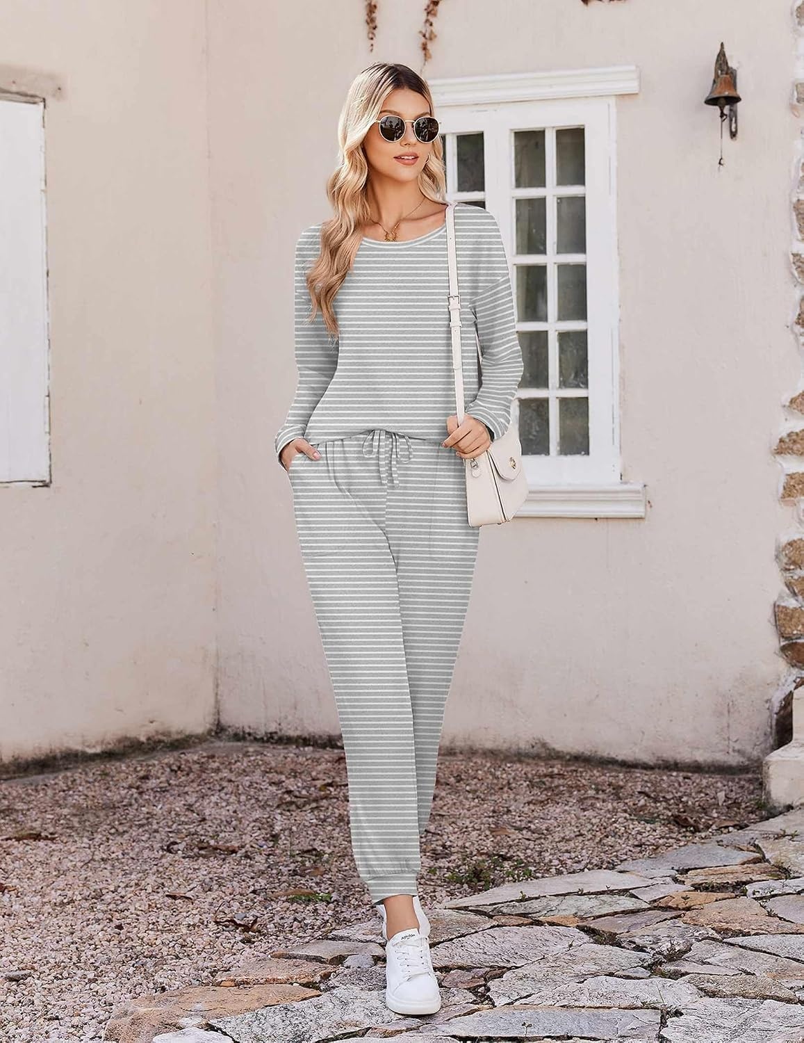 image:imageEkouaer Pajamas for Women Set 2 Piece Long Sleeve Pjs Casual Lounge SetsGrey Striped