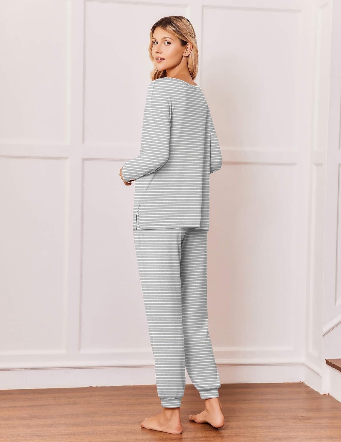 image:imageEkouaer Pajamas for Women Set 2 Piece Long Sleeve Pjs Casual Lounge SetsGrey Striped