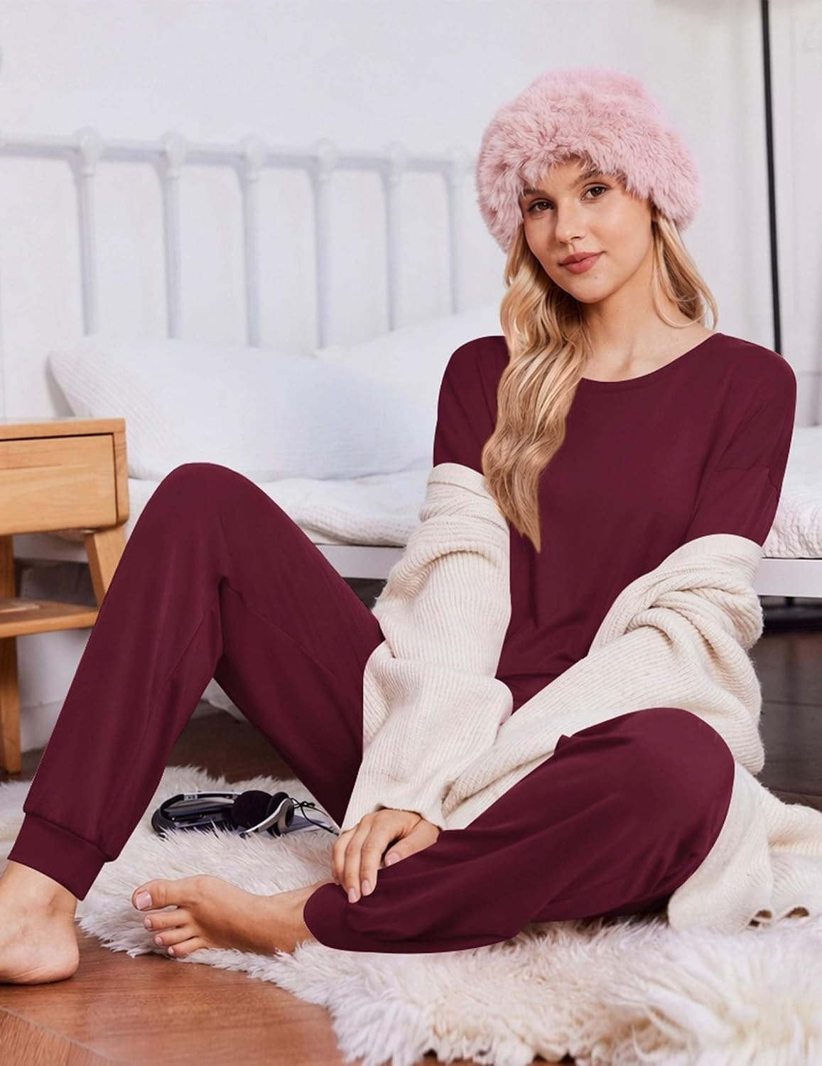image:imageEkouaer Pajamas for Women Set 2 Piece Long Sleeve Pjs Casual Lounge SetsJujube Red