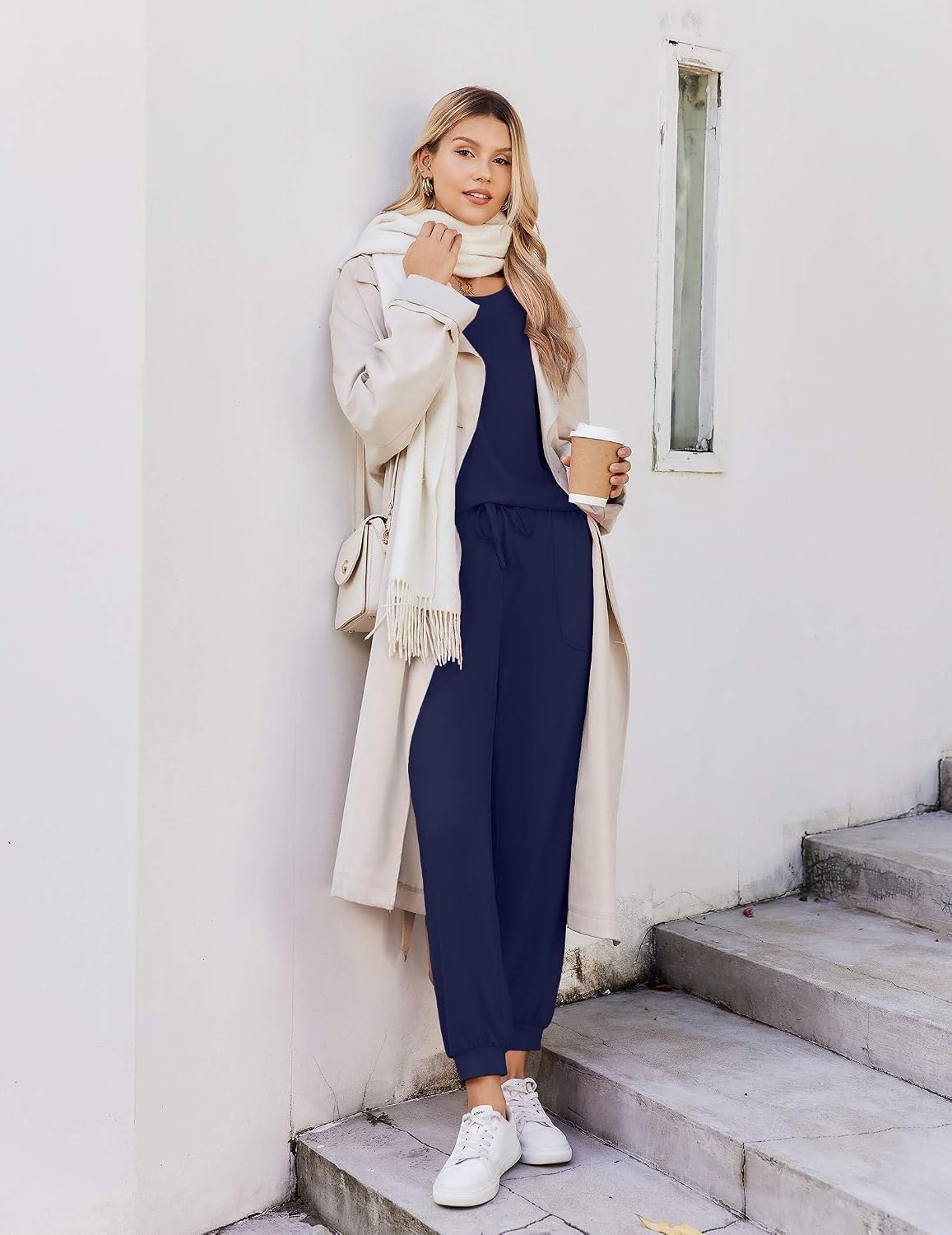 image:imageEkouaer Pajamas for Women Set 2 Piece Long Sleeve Pjs Casual Lounge SetsNavy