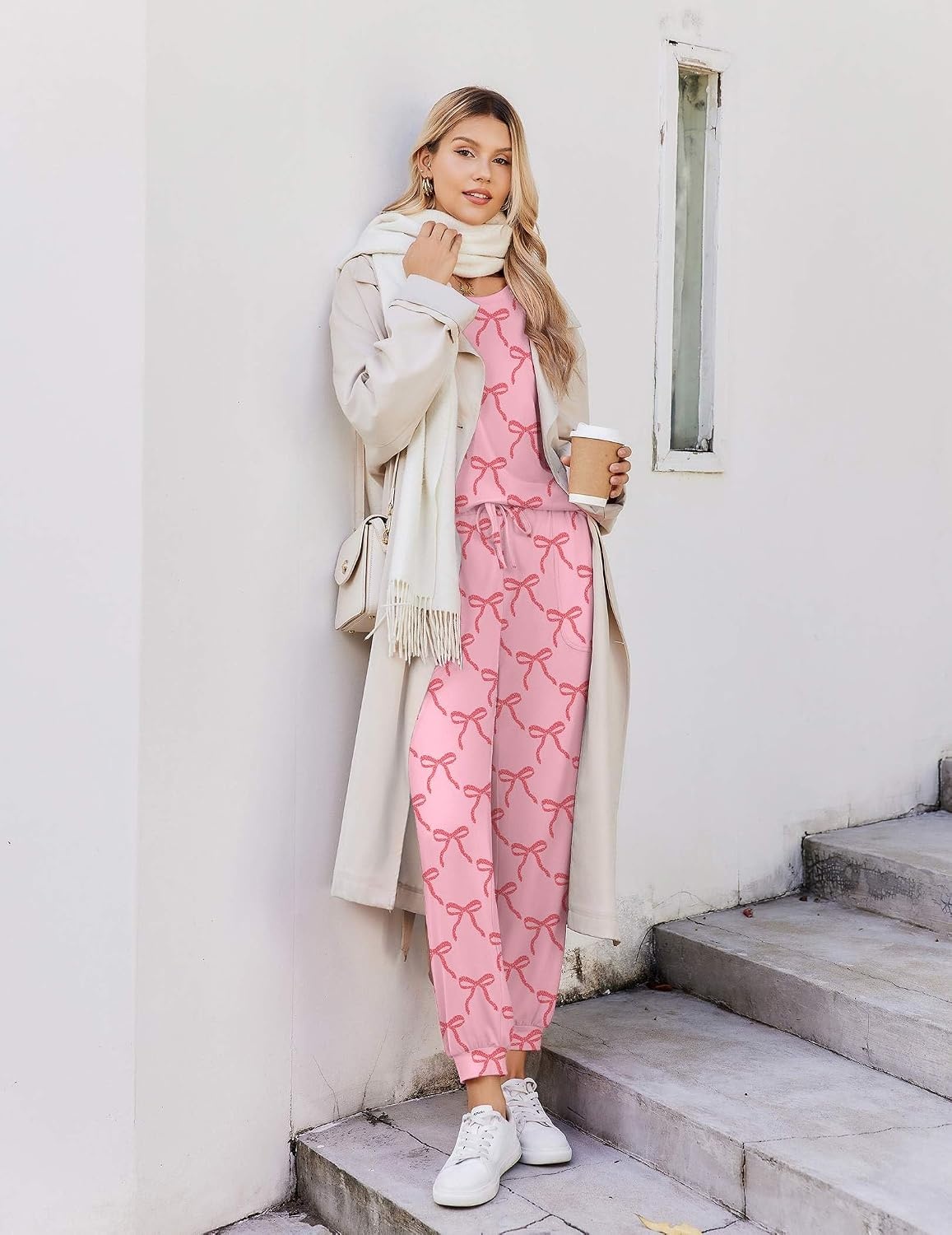 image:imageEkouaer Pajamas for Women Set 2 Piece Long Sleeve Pjs Casual Lounge SetsPink Bow Knot