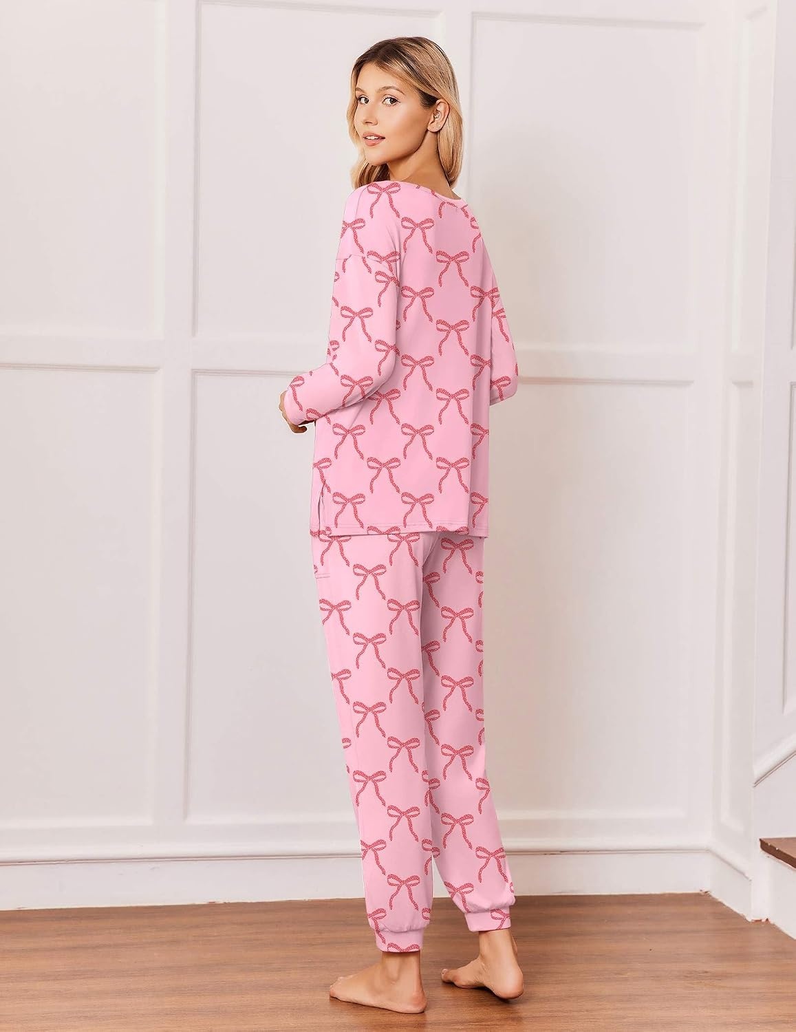 image:imageEkouaer Pajamas for Women Set 2 Piece Long Sleeve Pjs Casual Lounge SetsPink Bow Knot