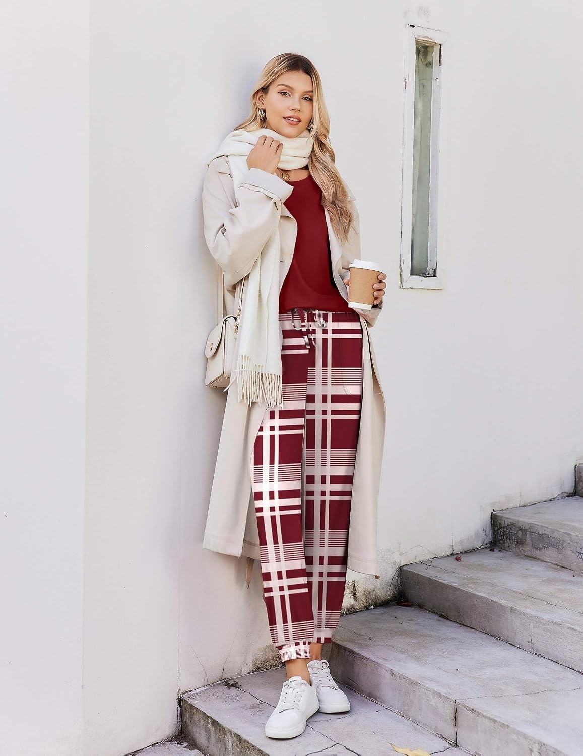 image:imageEkouaer Pajamas for Women Set 2 Piece Long Sleeve Pjs Casual Lounge SetsWine Plaid