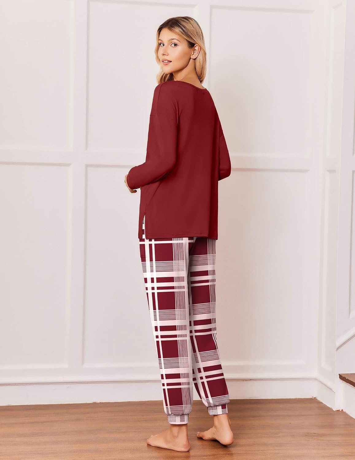 image:imageEkouaer Pajamas for Women Set 2 Piece Long Sleeve Pjs Casual Lounge SetsWine Plaid