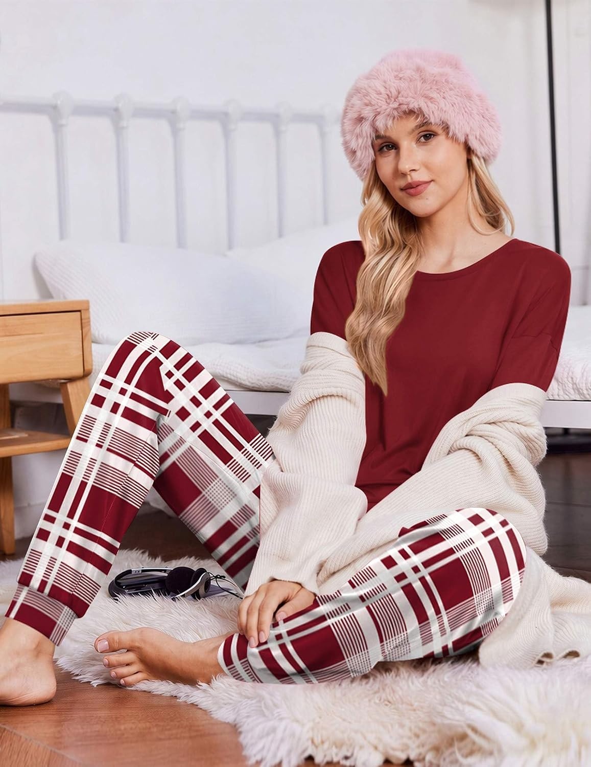 image:imageEkouaer Pajamas for Women Set 2 Piece Long Sleeve Pjs Casual Lounge SetsWine Plaid