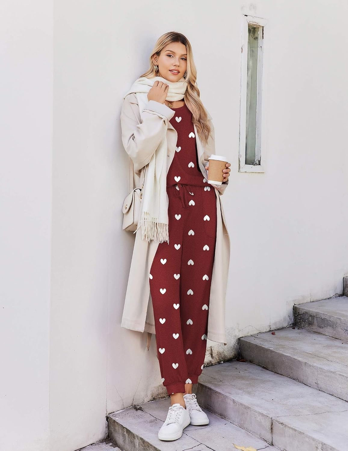 image:imageEkouaer Pajamas for Women Set 2 Piece Long Sleeve Pjs Casual Lounge SetsWine Red Heart