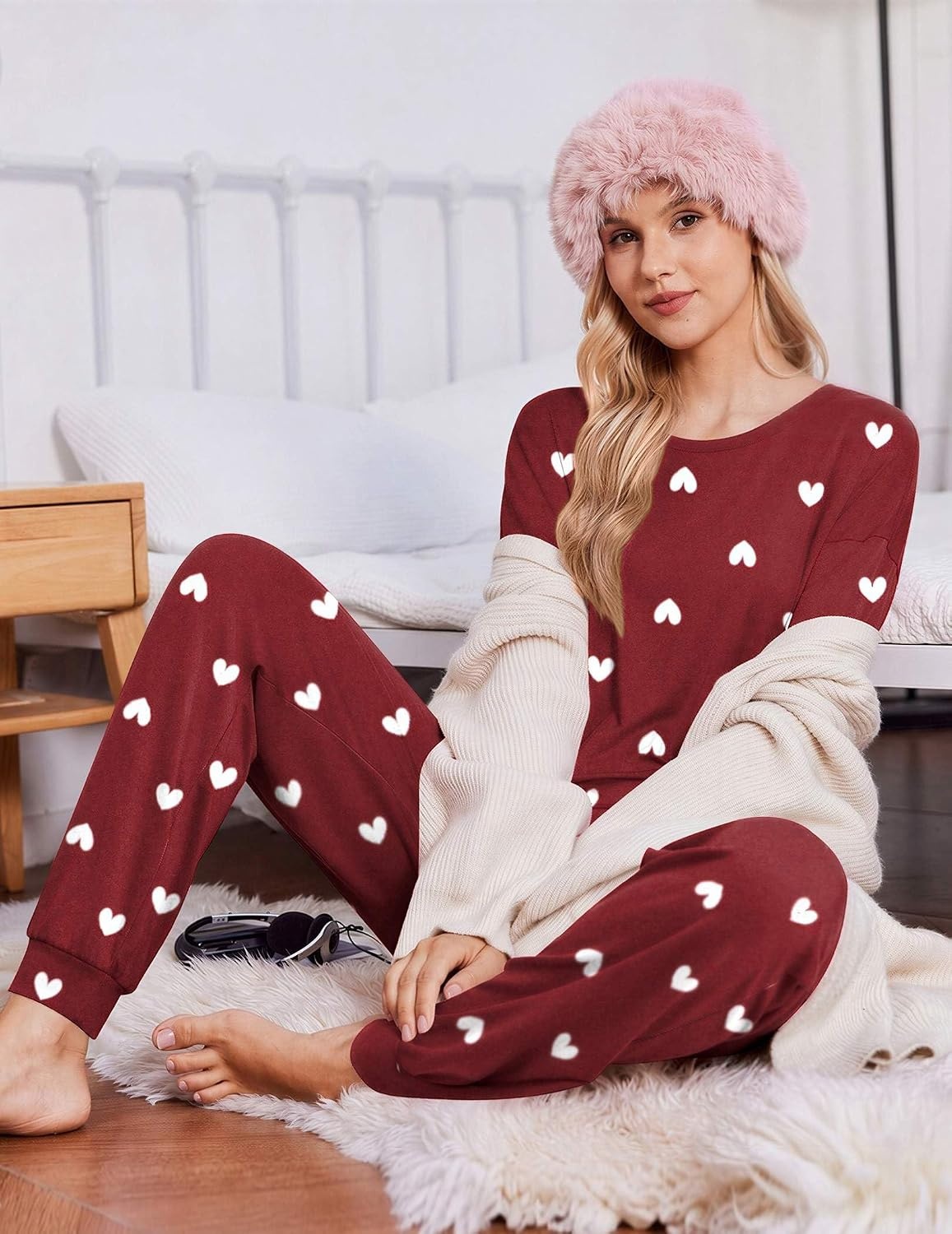 image:imageEkouaer Pajamas for Women Set 2 Piece Long Sleeve Pjs Casual Lounge SetsWine Red Heart