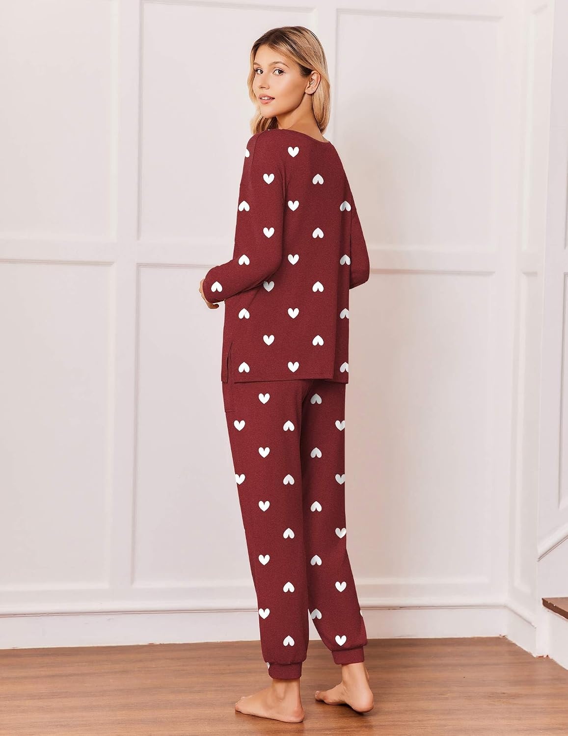 image:imageEkouaer Pajamas for Women Set 2 Piece Long Sleeve Pjs Casual Lounge SetsWine Red Heart