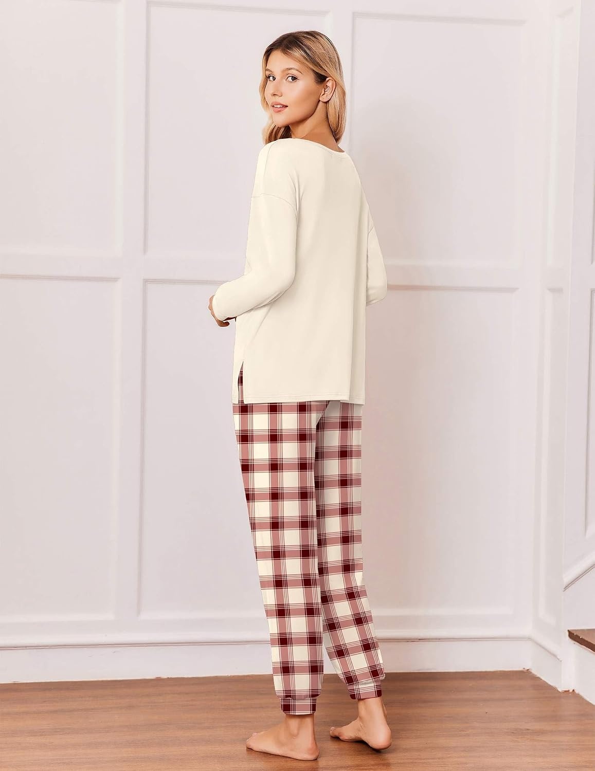 image:imageEkouaer Pajamas for Women Set 2 Piece Long Sleeve Pjs Casual Lounge SetsWine White Plaid