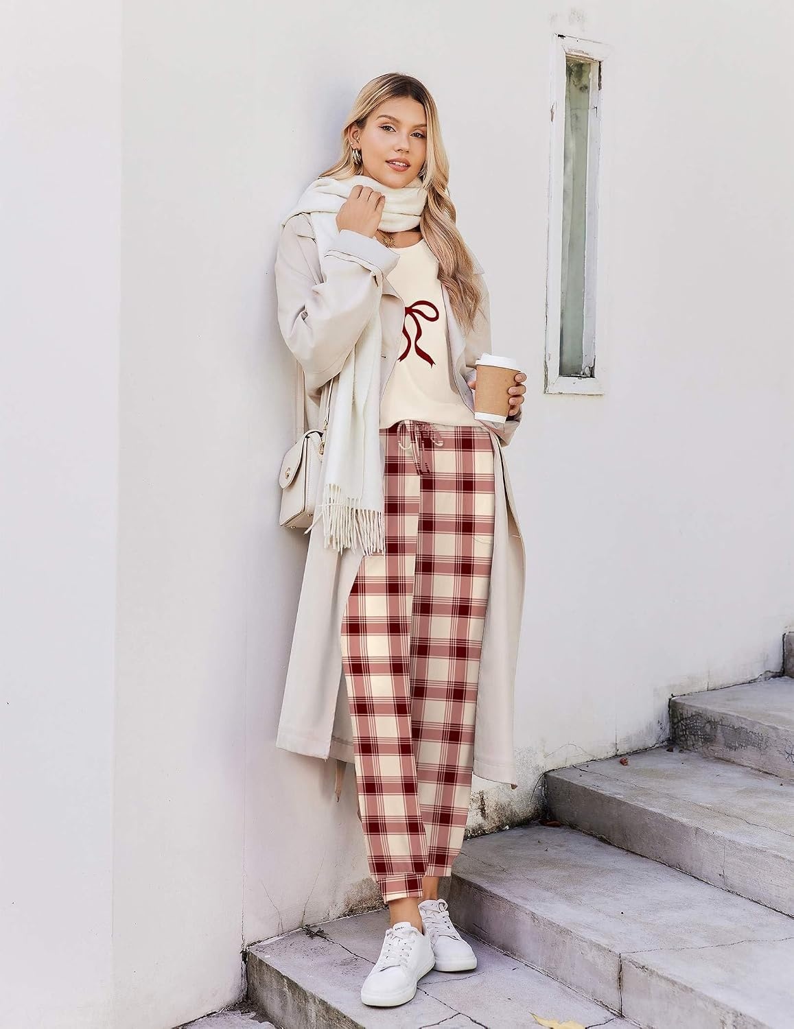 image:imageEkouaer Pajamas for Women Set 2 Piece Long Sleeve Pjs Casual Lounge SetsWine White Plaid