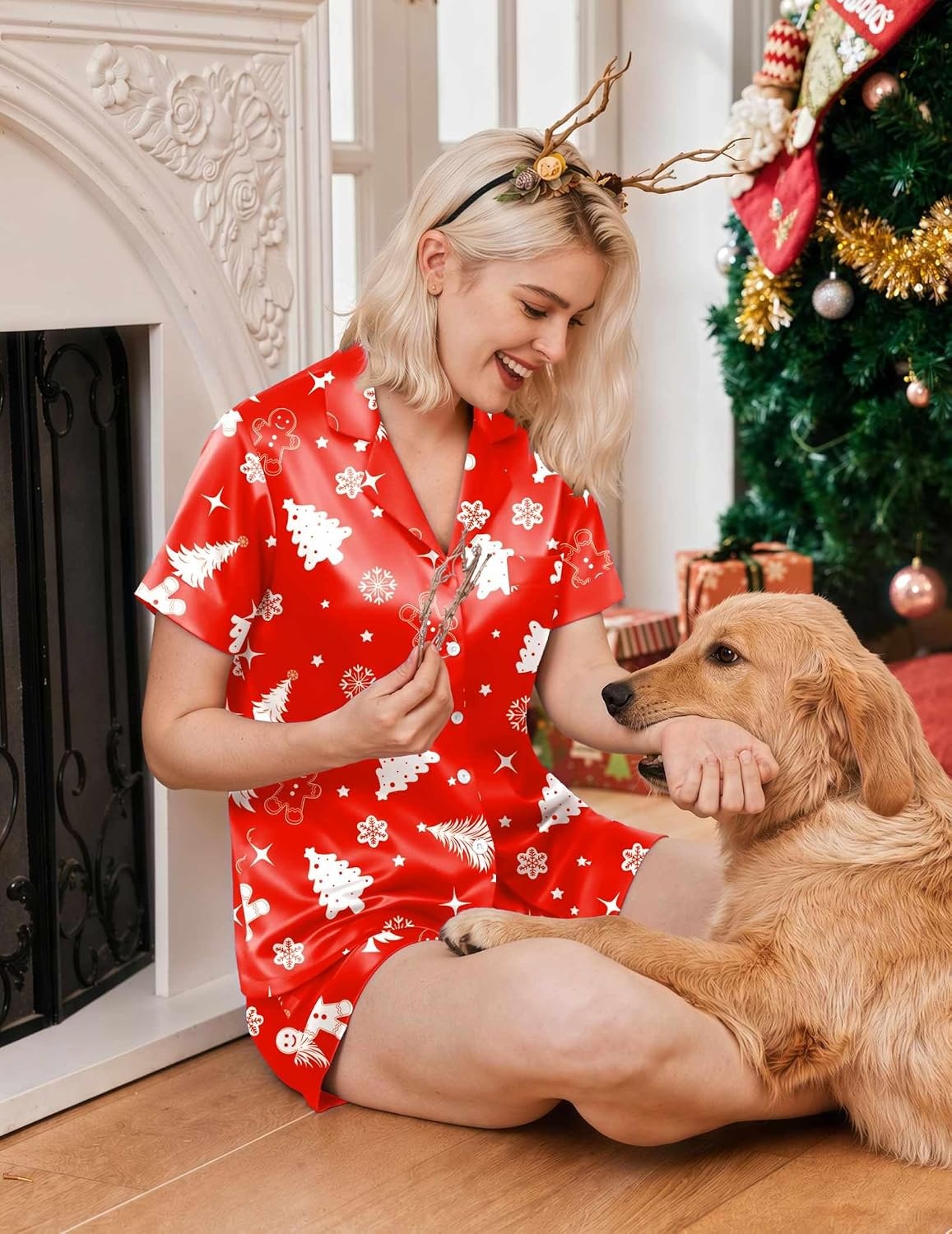 image:imageEkouaer Silk Pajamas for Women Short Sleeve Button Down Satin Pj Shorts SetChristmas Red Gingerbread Man