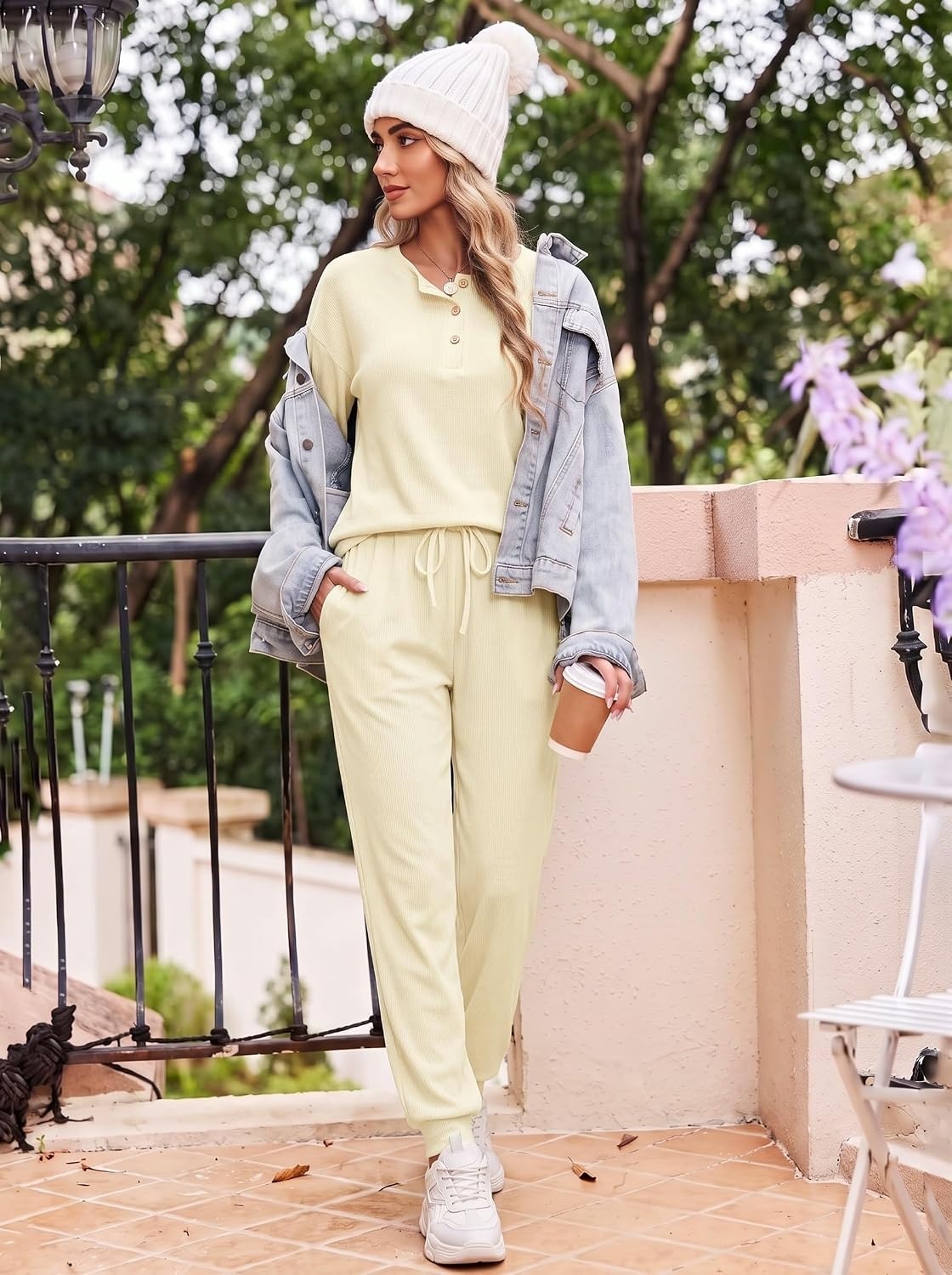 image:imageEkouaer Womens Pajama Sets 2 Piece Soft Pjs Long Sleeve Lounge SetBeige