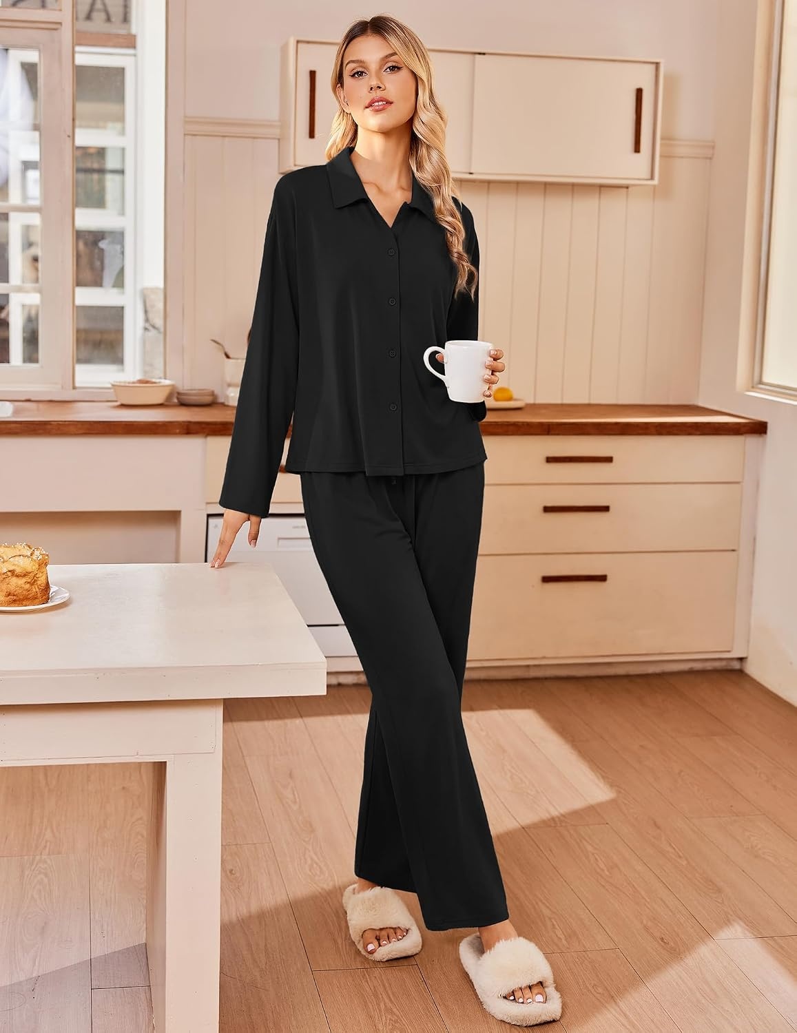 image:imageEkouaer Womens Pajama Sets Long Sleeve Button Down Lounge Sets with PocketsBlack