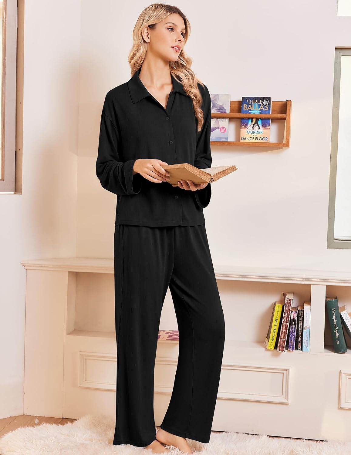 image:imageEkouaer Womens Pajama Sets Long Sleeve Button Down Lounge Sets with PocketsBlack