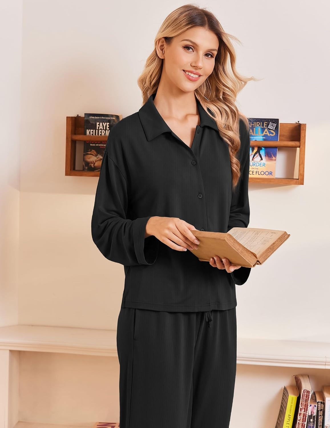 image:imageEkouaer Womens Pajama Sets Long Sleeve Button Down Lounge Sets with PocketsBlack