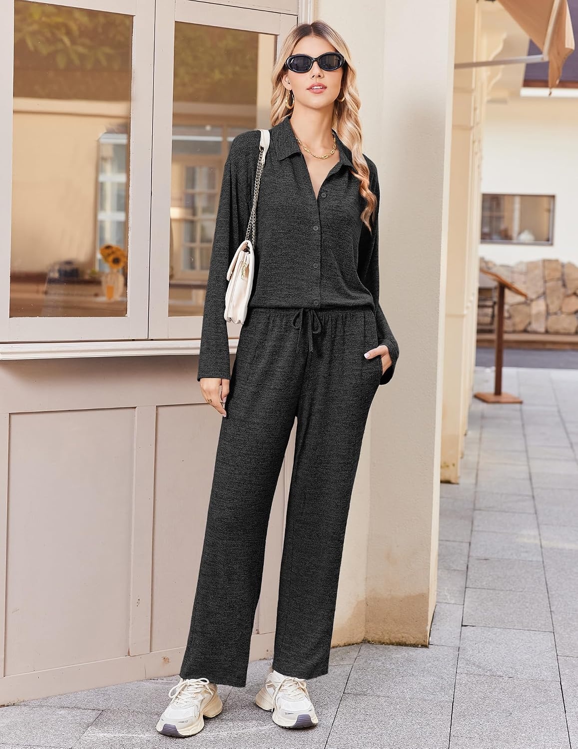 image:imageEkouaer Womens Pajama Sets Long Sleeve Button Down Lounge Sets with PocketsDark Heather Grey