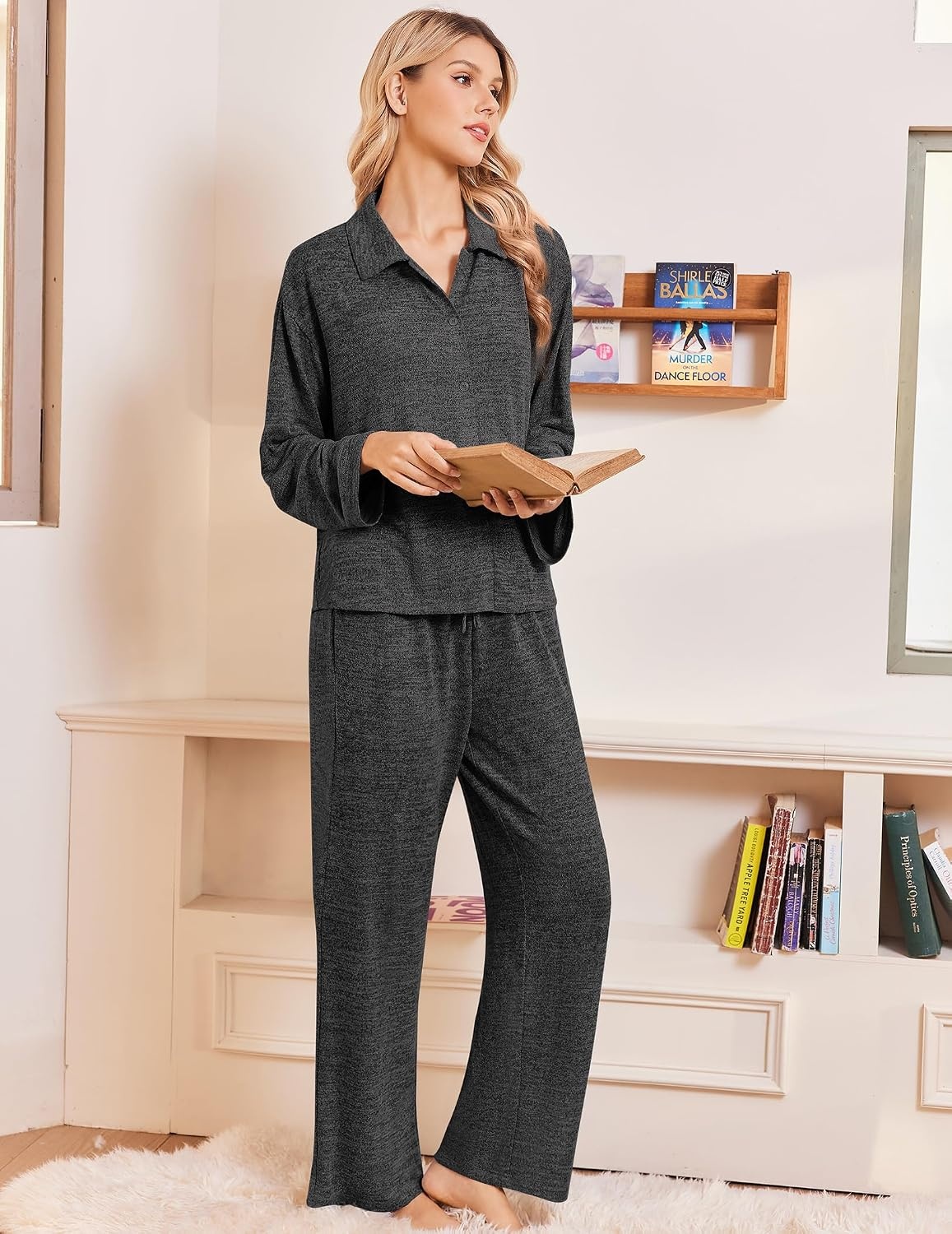 image:imageEkouaer Womens Pajama Sets Long Sleeve Button Down Lounge Sets with PocketsDark Heather Grey