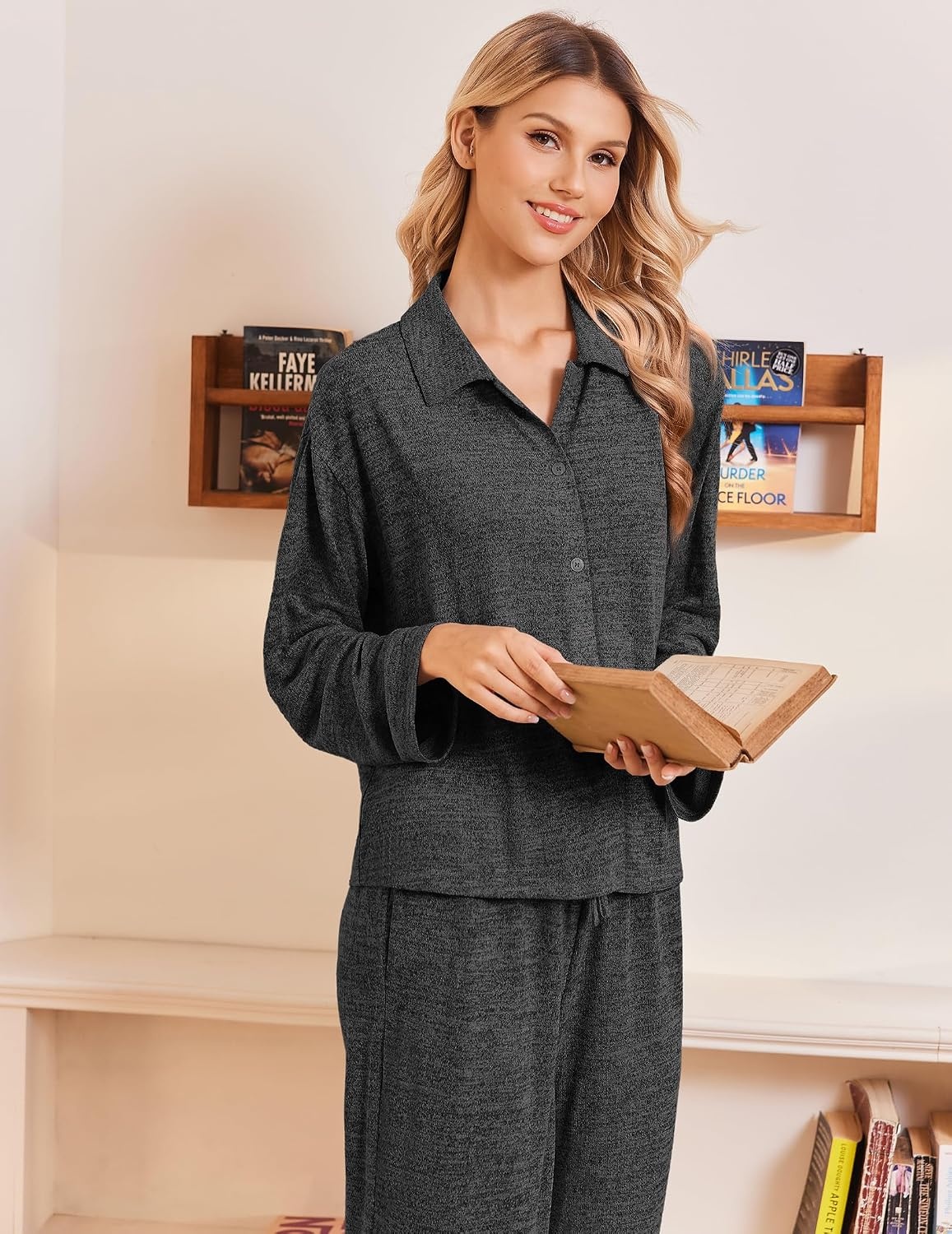 image:imageEkouaer Womens Pajama Sets Long Sleeve Button Down Lounge Sets with PocketsDark Heather Grey