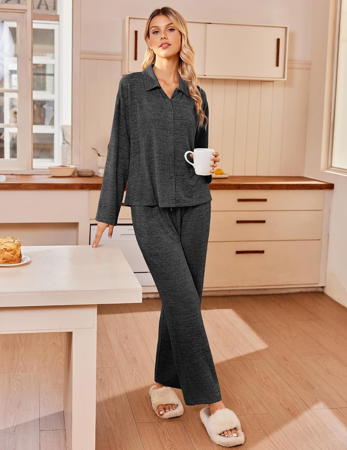 image:imageEkouaer Womens Pajama Sets Long Sleeve Button Down Lounge Sets with PocketsDark Heather Grey