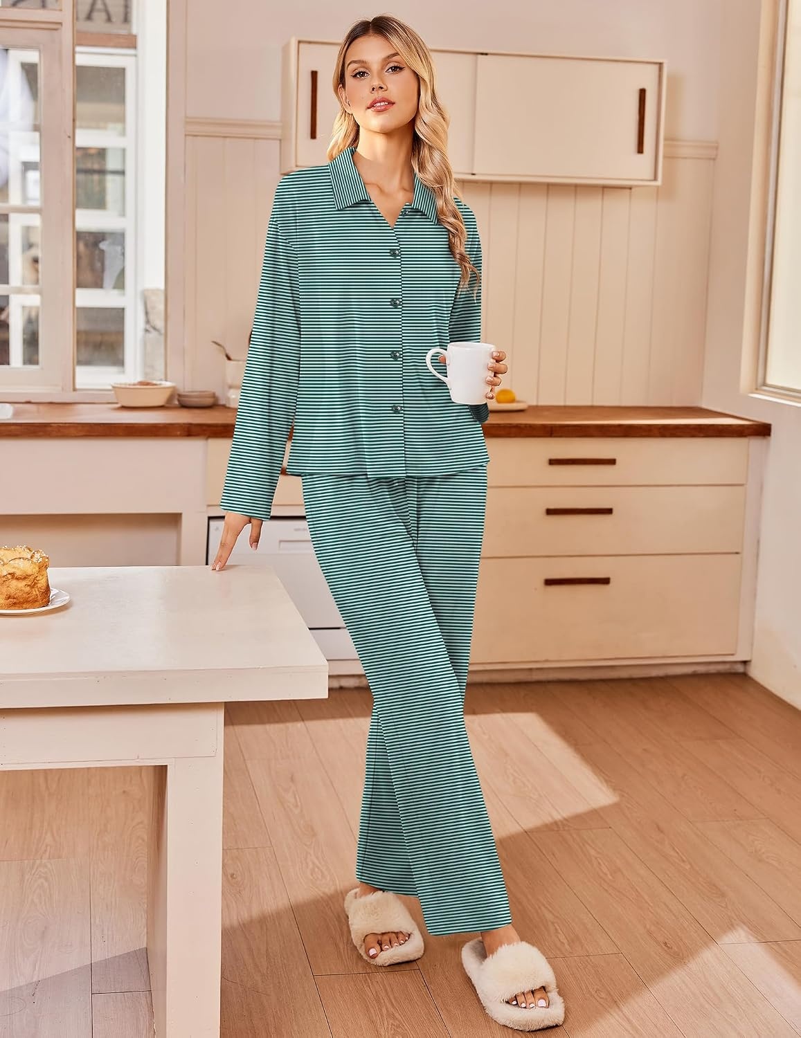 image:imageEkouaer Womens Pajama Sets Long Sleeve Button Down Lounge Sets with PocketsGreen White Striped