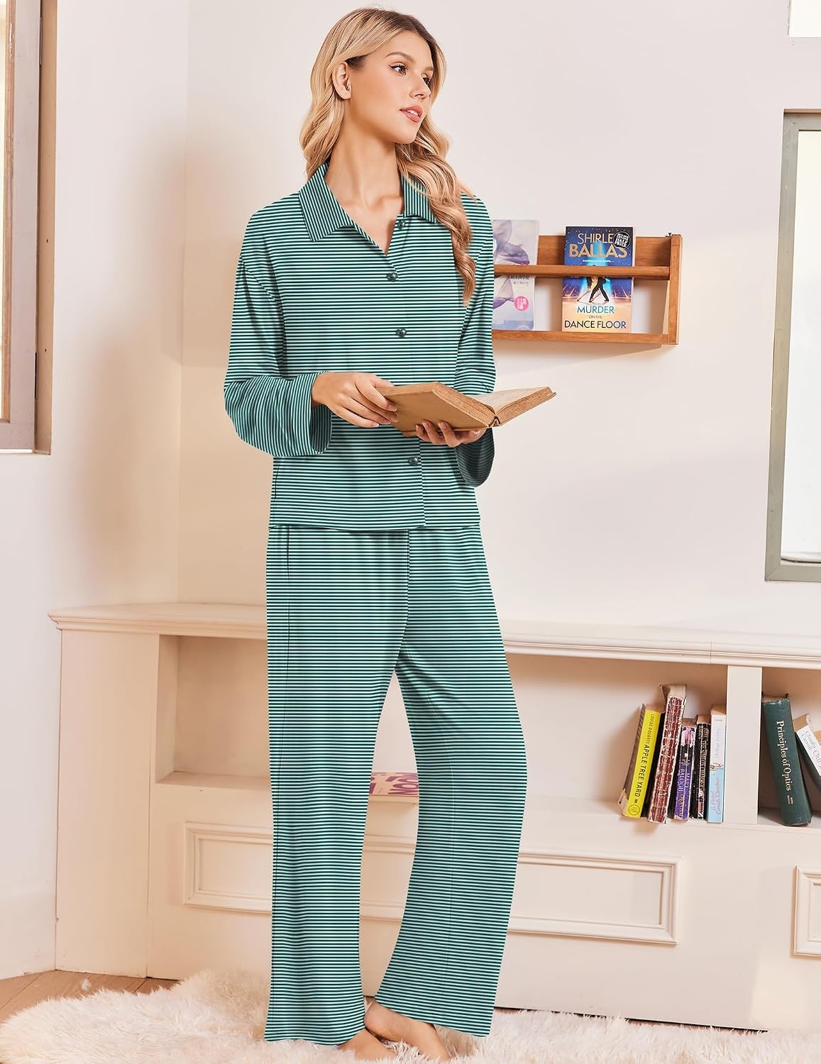 image:imageEkouaer Womens Pajama Sets Long Sleeve Button Down Lounge Sets with PocketsGreen White Striped