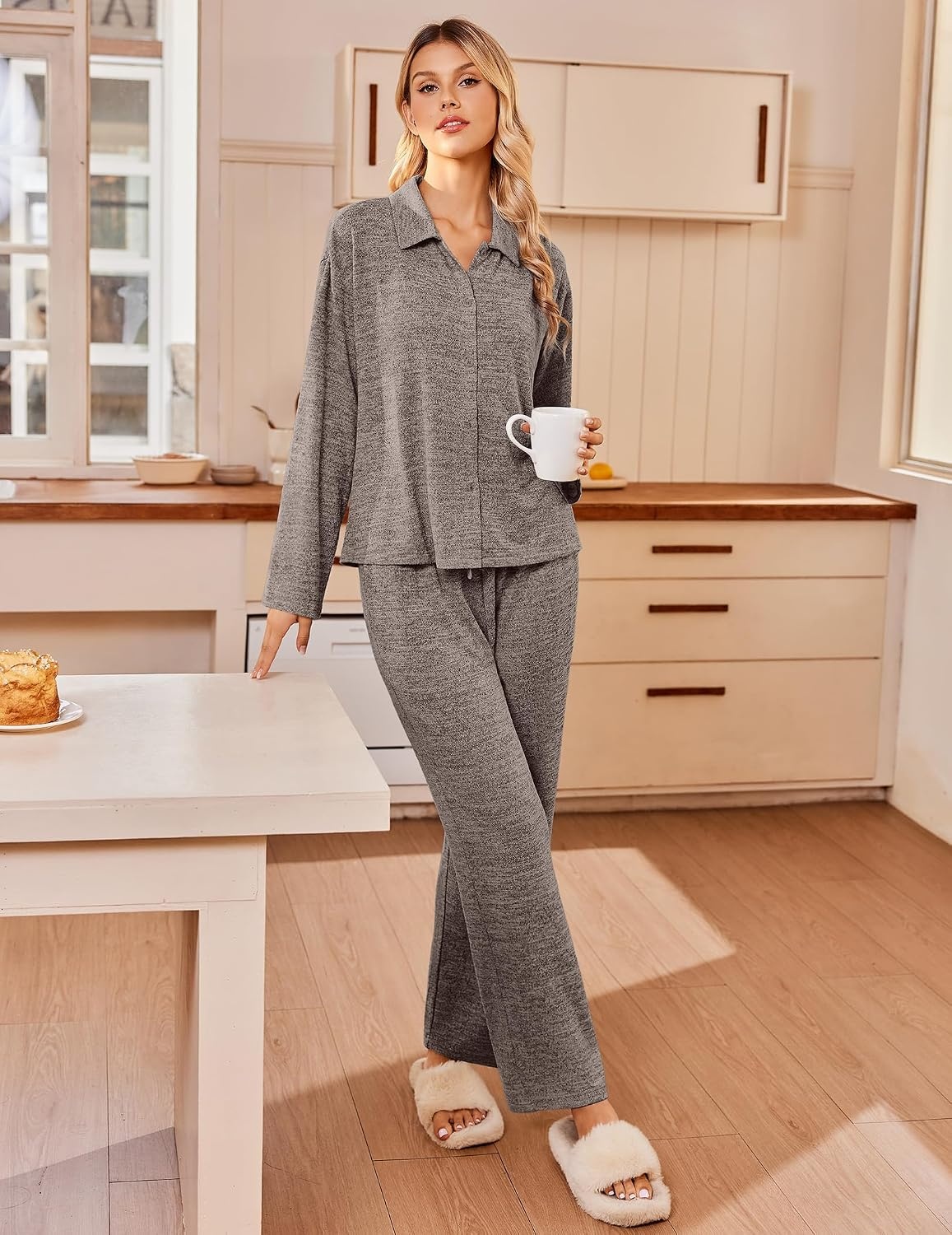 image:imageEkouaer Womens Pajama Sets Long Sleeve Button Down Lounge Sets with PocketsLight Beige