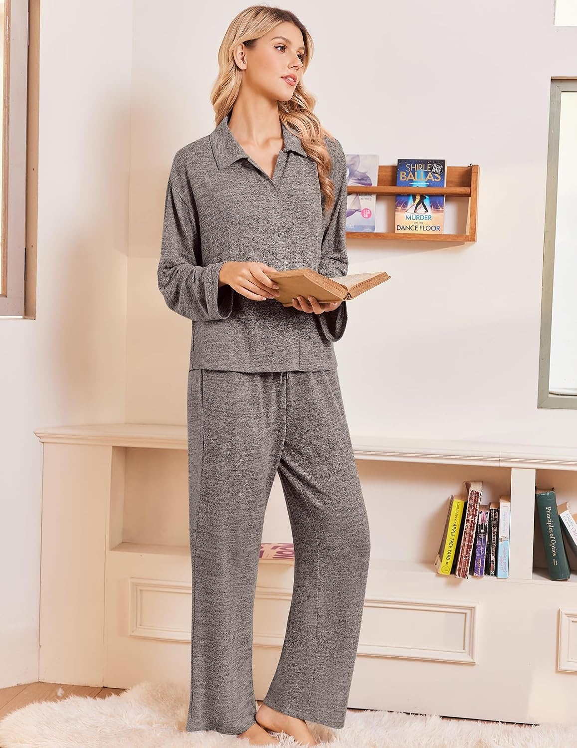 image:imageEkouaer Womens Pajama Sets Long Sleeve Button Down Lounge Sets with PocketsLight Beige