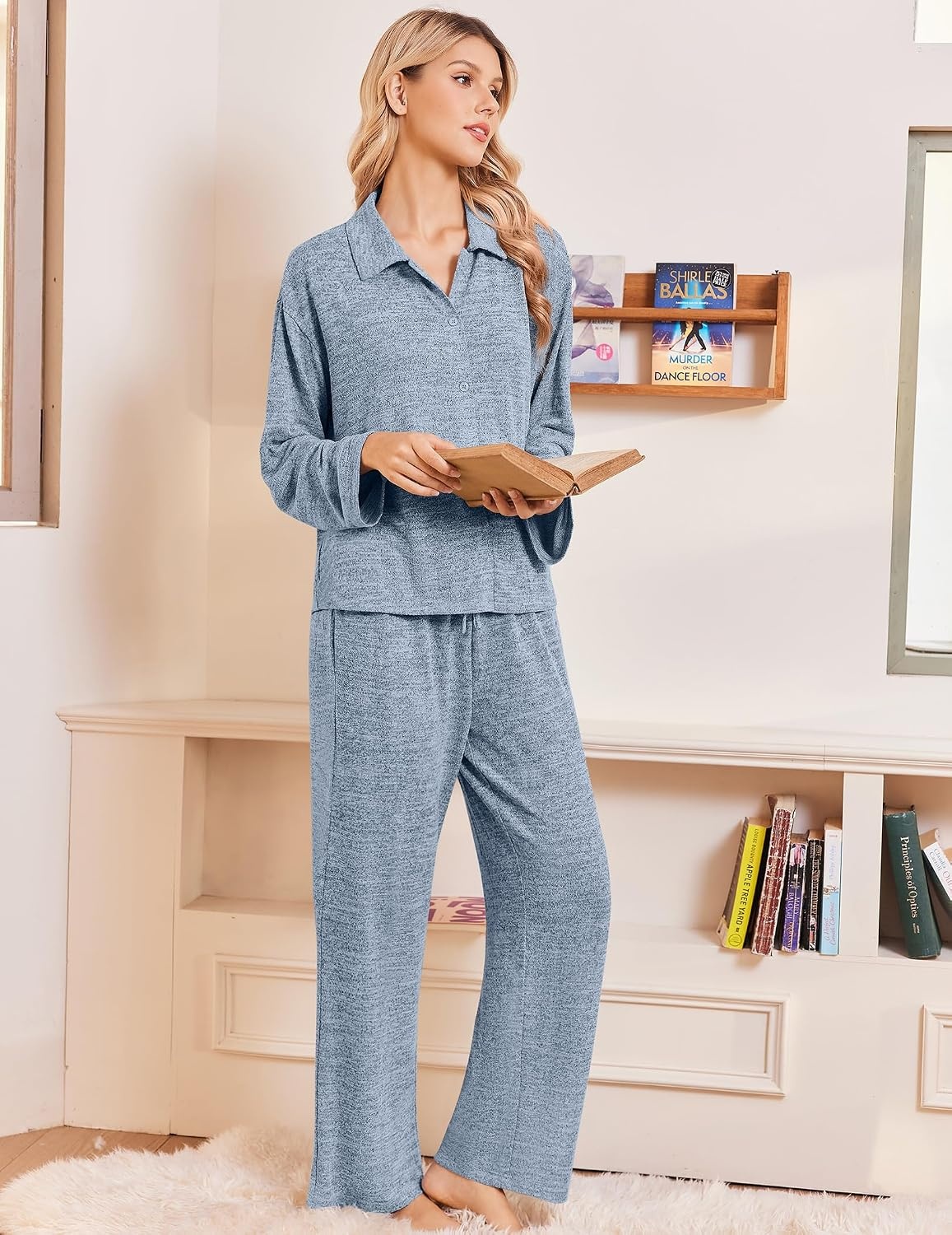 image:imageEkouaer Womens Pajama Sets Long Sleeve Button Down Lounge Sets with PocketsLight Blue