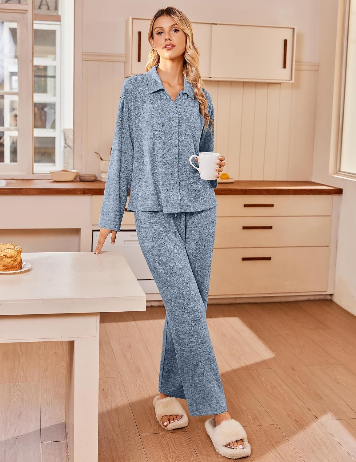 image:imageEkouaer Womens Pajama Sets Long Sleeve Button Down Lounge Sets with PocketsLight Blue