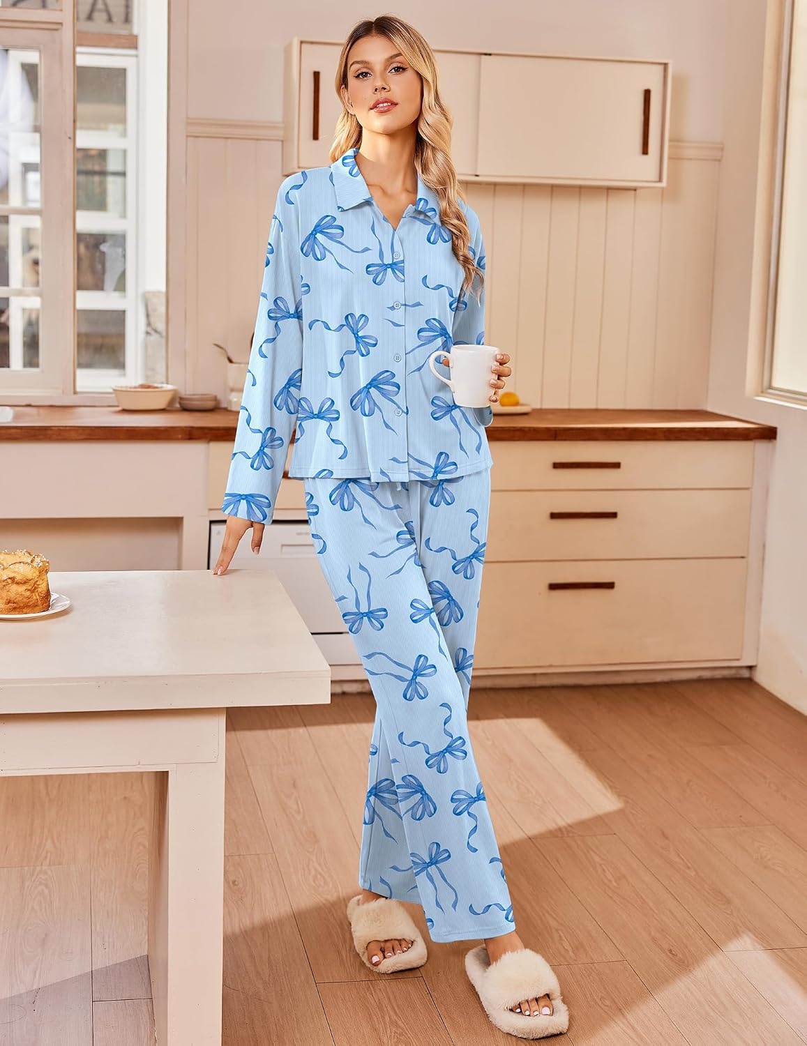 image:imageEkouaer Womens Pajama Sets Long Sleeve Button Down Lounge Sets with PocketsLight Blue Bow