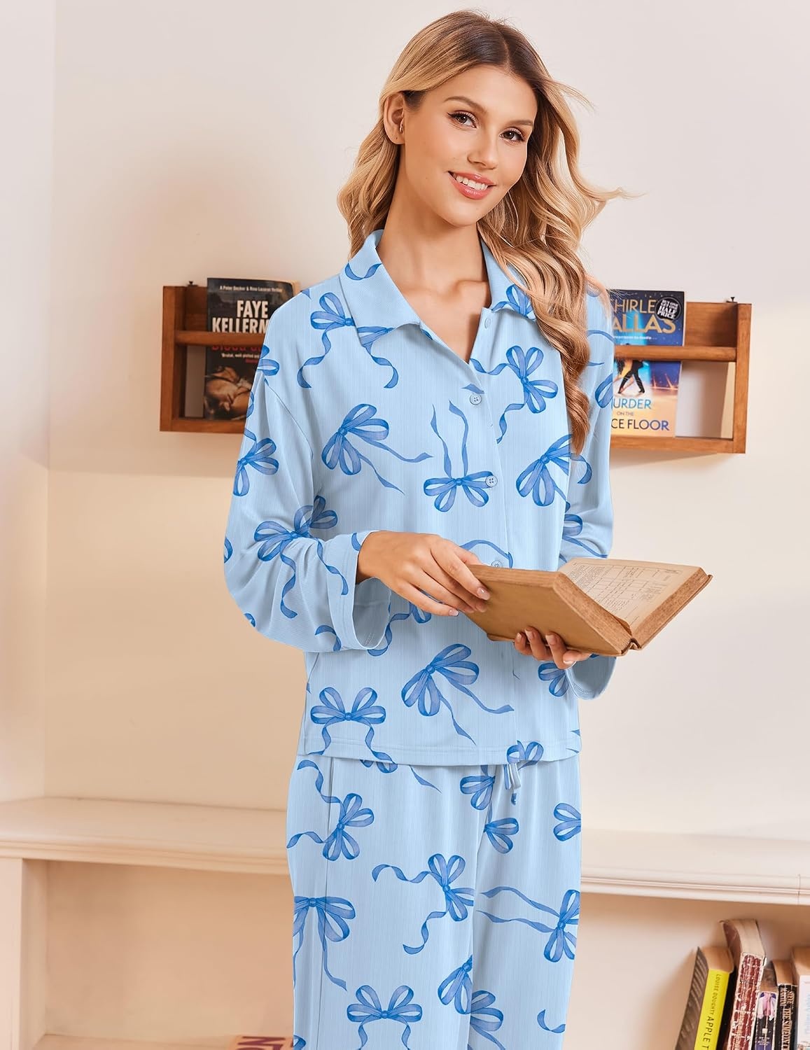 image:imageEkouaer Womens Pajama Sets Long Sleeve Button Down Lounge Sets with PocketsLight Blue Bow