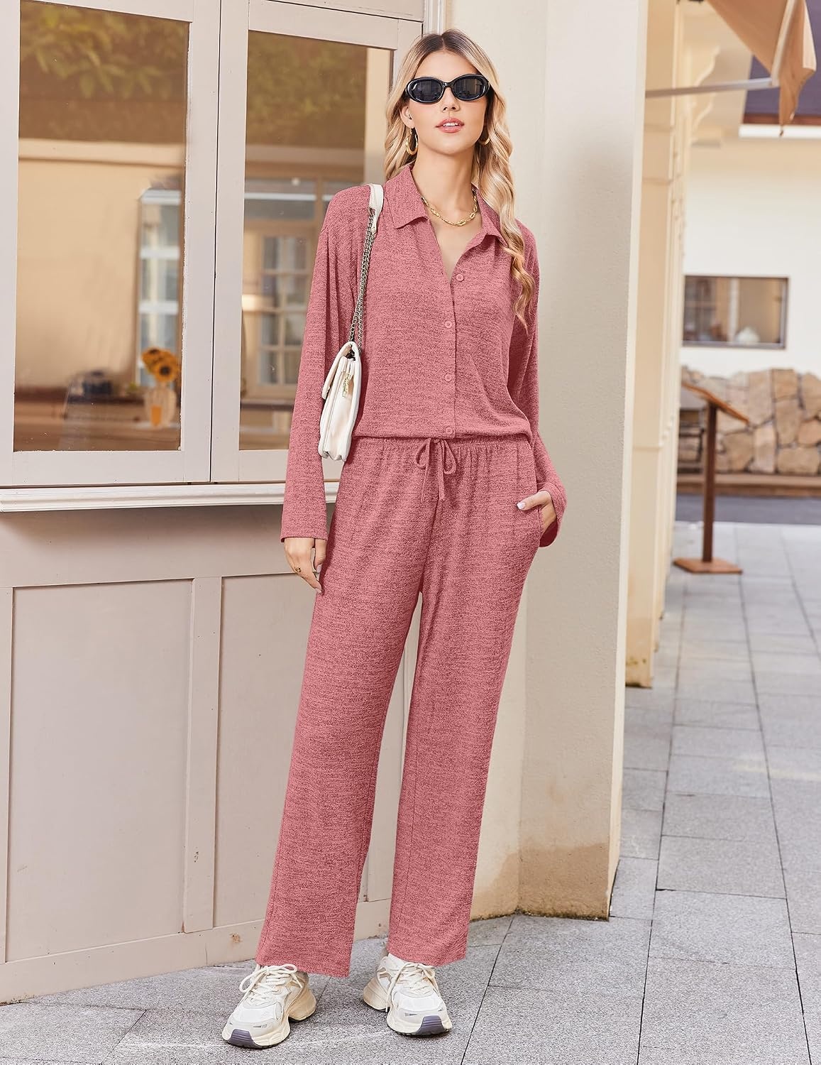 image:imageEkouaer Womens Pajama Sets Long Sleeve Button Down Lounge Sets with PocketsMauve
