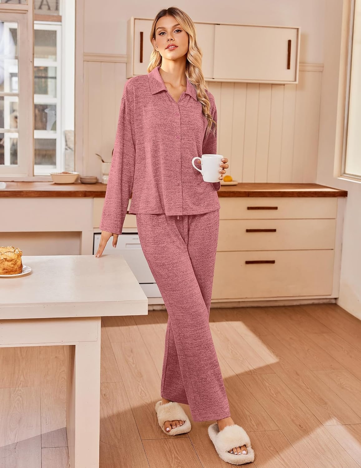 image:imageEkouaer Womens Pajama Sets Long Sleeve Button Down Lounge Sets with PocketsMauve