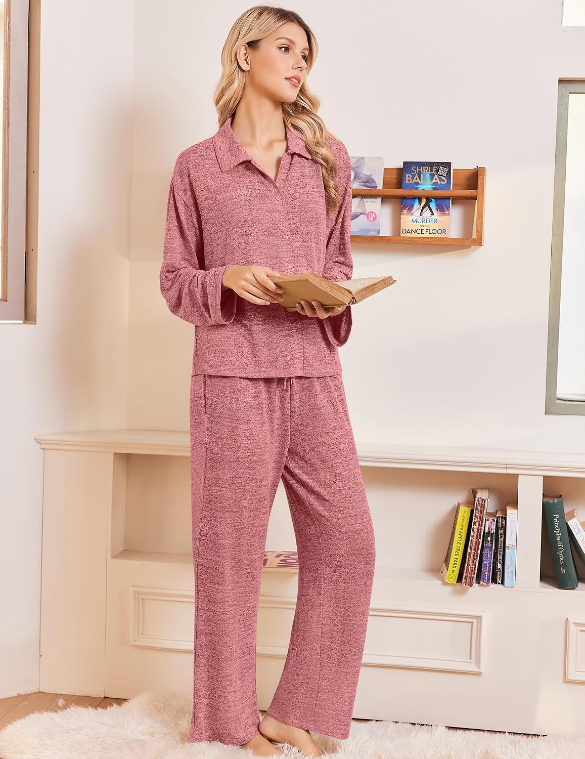 image:imageEkouaer Womens Pajama Sets Long Sleeve Button Down Lounge Sets with PocketsMauve