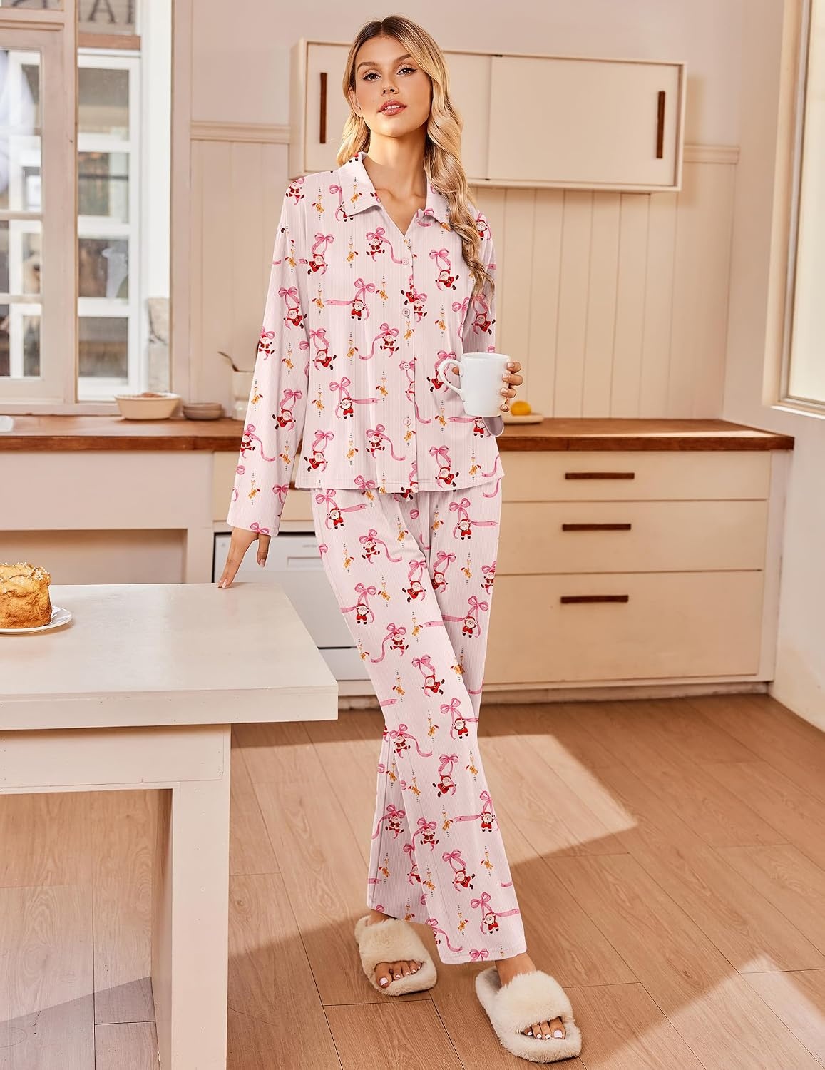 image:imageEkouaer Womens Pajama Sets Long Sleeve Button Down Lounge Sets with PocketsPink Santa Bow Gingerbread
