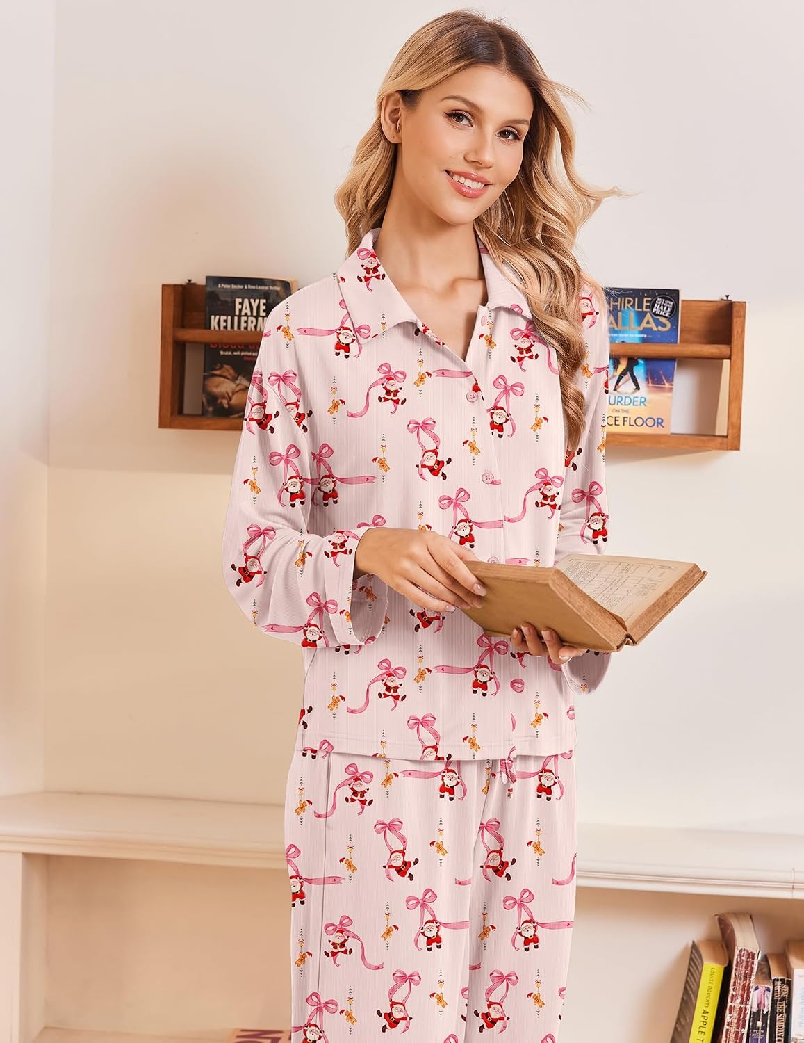 image:imageEkouaer Womens Pajama Sets Long Sleeve Button Down Lounge Sets with PocketsPink Santa Bow Gingerbread