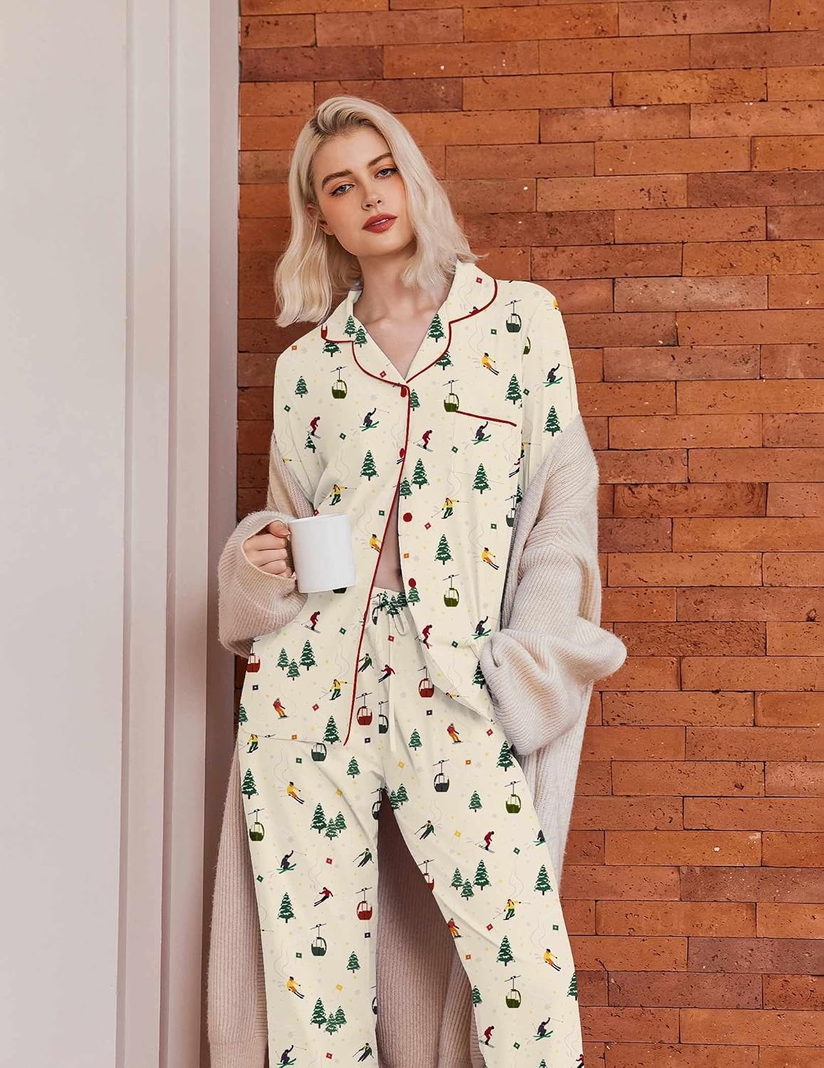 image:imageEkouaer Womens Pajamas Set Cotton Long Sleeve Button Up 2 Piece Lounge PjsChristmas Apricot